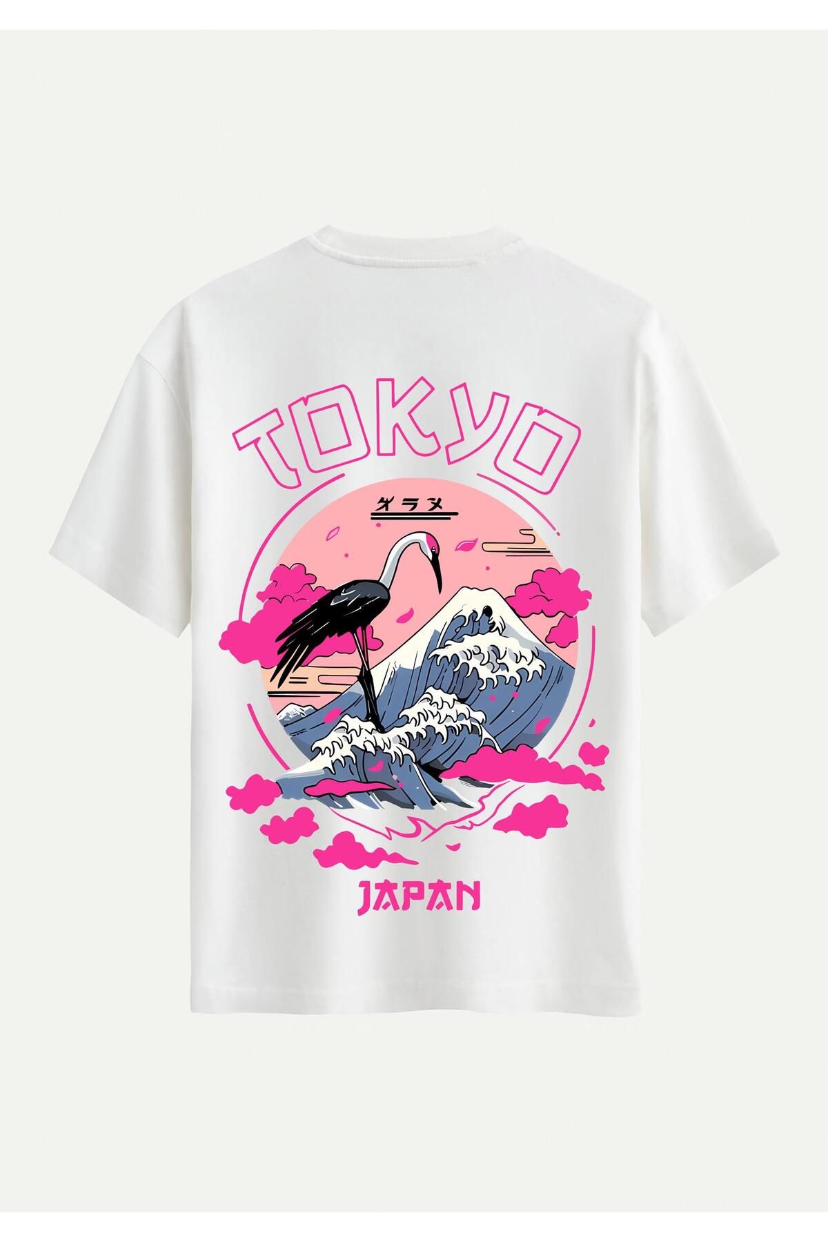 SOFTWAY Unisex Bisiklet Yaka %100 Organik Pamuklu Kalın Dokulu Tokyo Baskılı Oversize T-shirt - EKRU