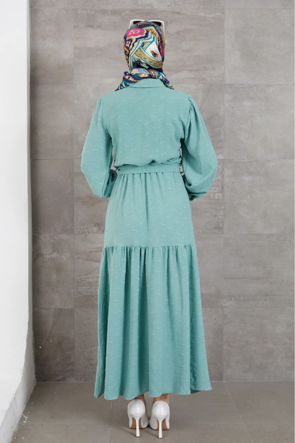 DAS KLEID Gömlek Yaka Kuşaklı Elbise SU YEŞİLİ
