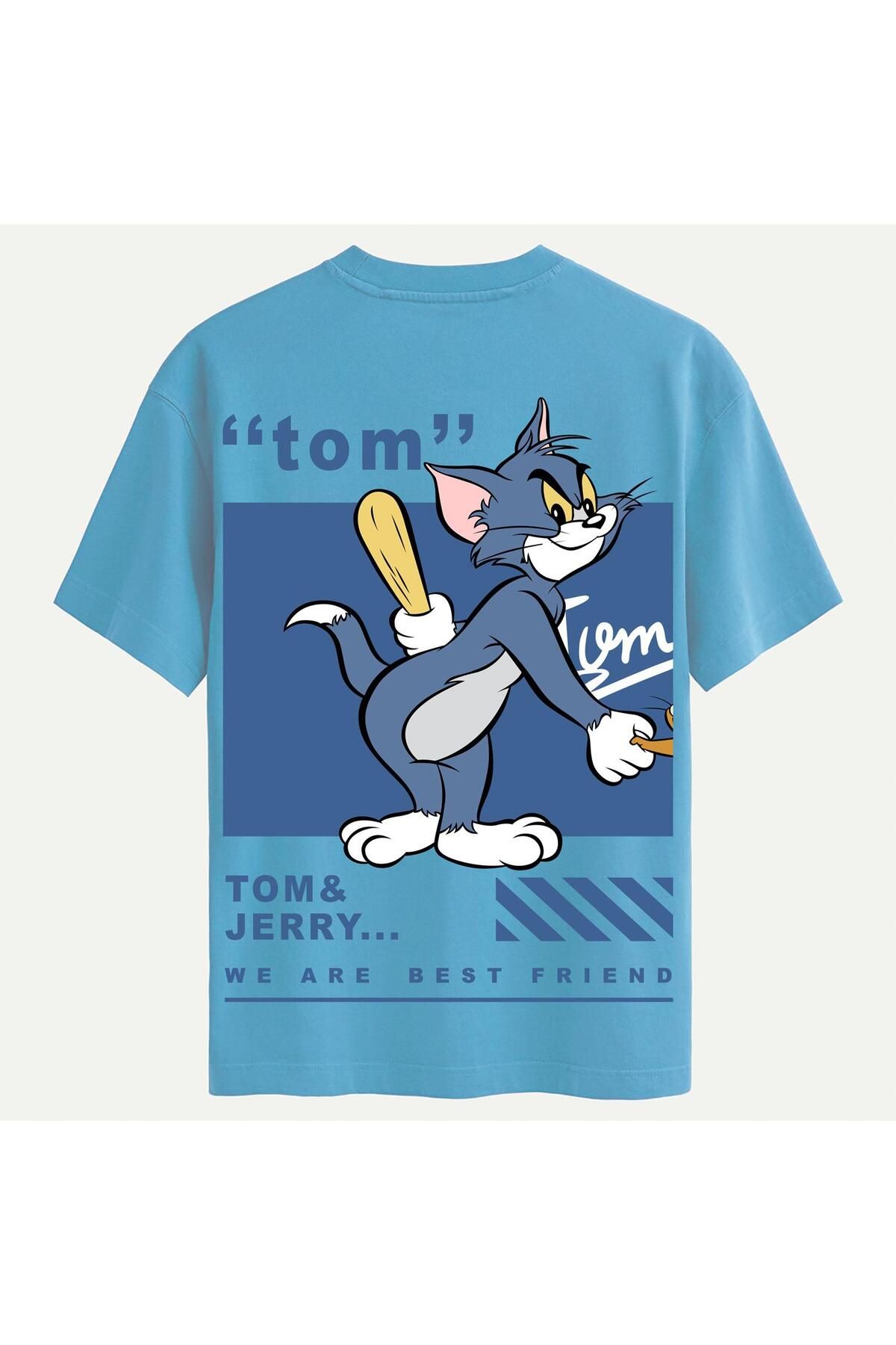 SOFTWAY Unisex Bisiklet Yaka %100 Organik Pamuklu Kalın Dokulu Tom Baskılı Oversize T-shirt - MAVİ