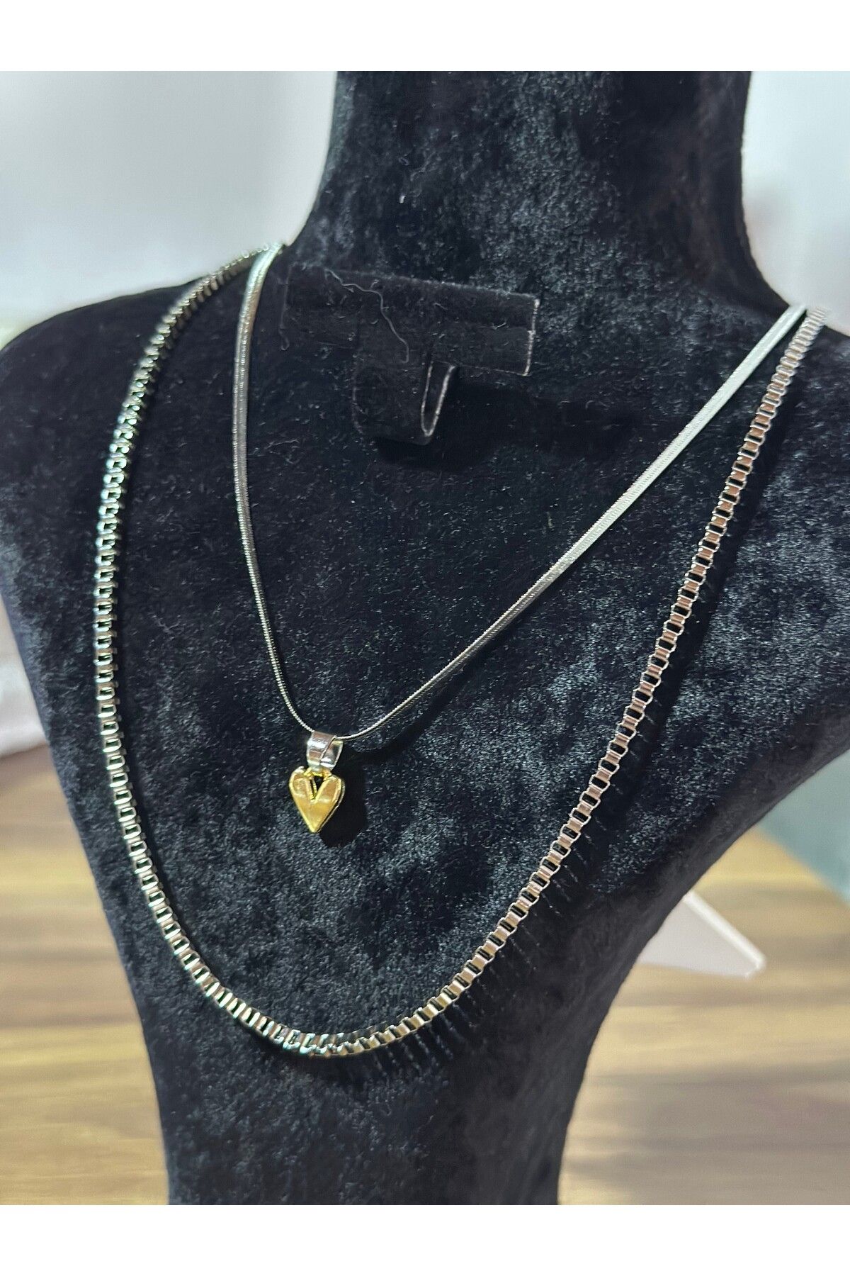 stainless steell Gümüş Renk Çift Zincirli Gold Kalp Motifli Çelik Kolye