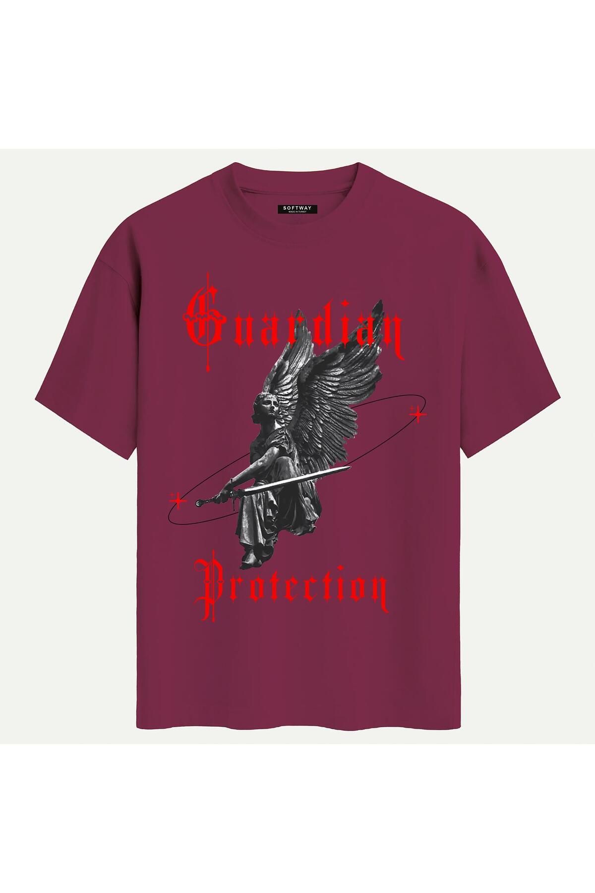 SOFTWAY Unisex Bisiklet Yaka %100 Organik Pamuklu Kalın Dokulu Guardian Protection Baskılı Oversize T-shirt