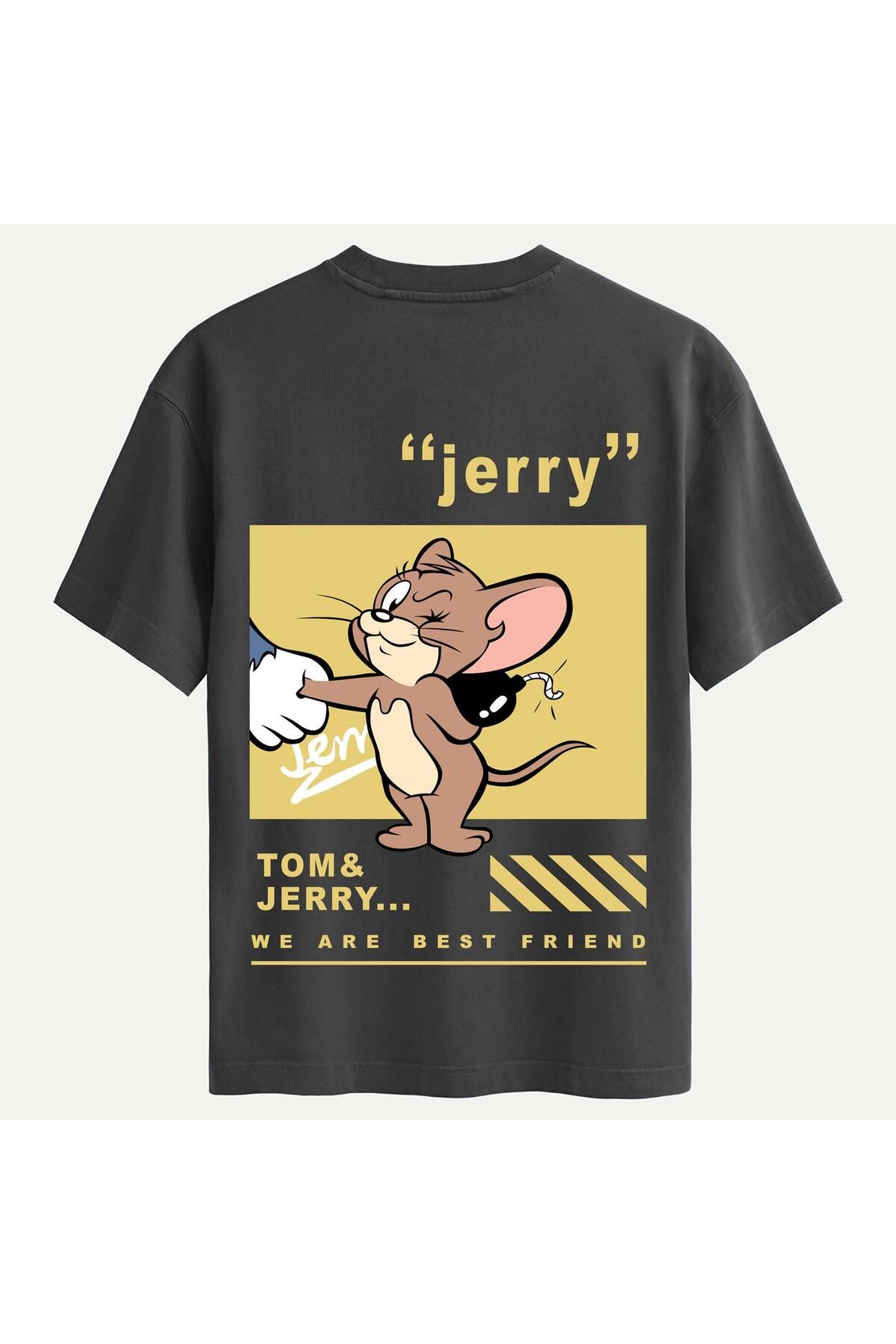 SOFTWAY Unisex Bisiklet Yaka %100 Organik Pamuklu Kalın Dokulu Jerry Baskılı Oversize T-shirt - FÜME