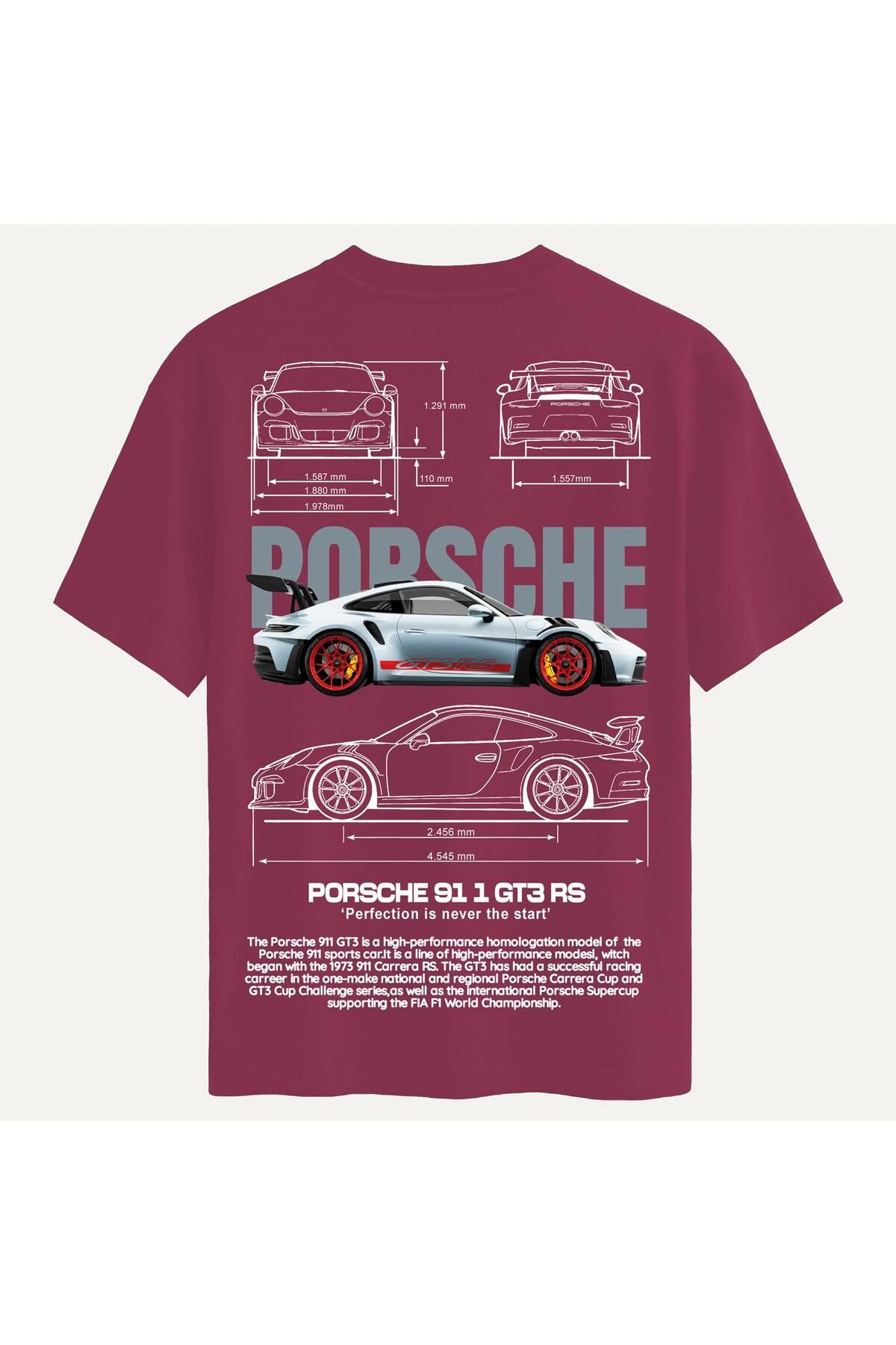 SOFTWAY Unisex Bisiklet Yaka %100 Organik Pamuklu Kalın Dokulu Porsche 911 gt3 rs Baskılı Oversize T-shirt -