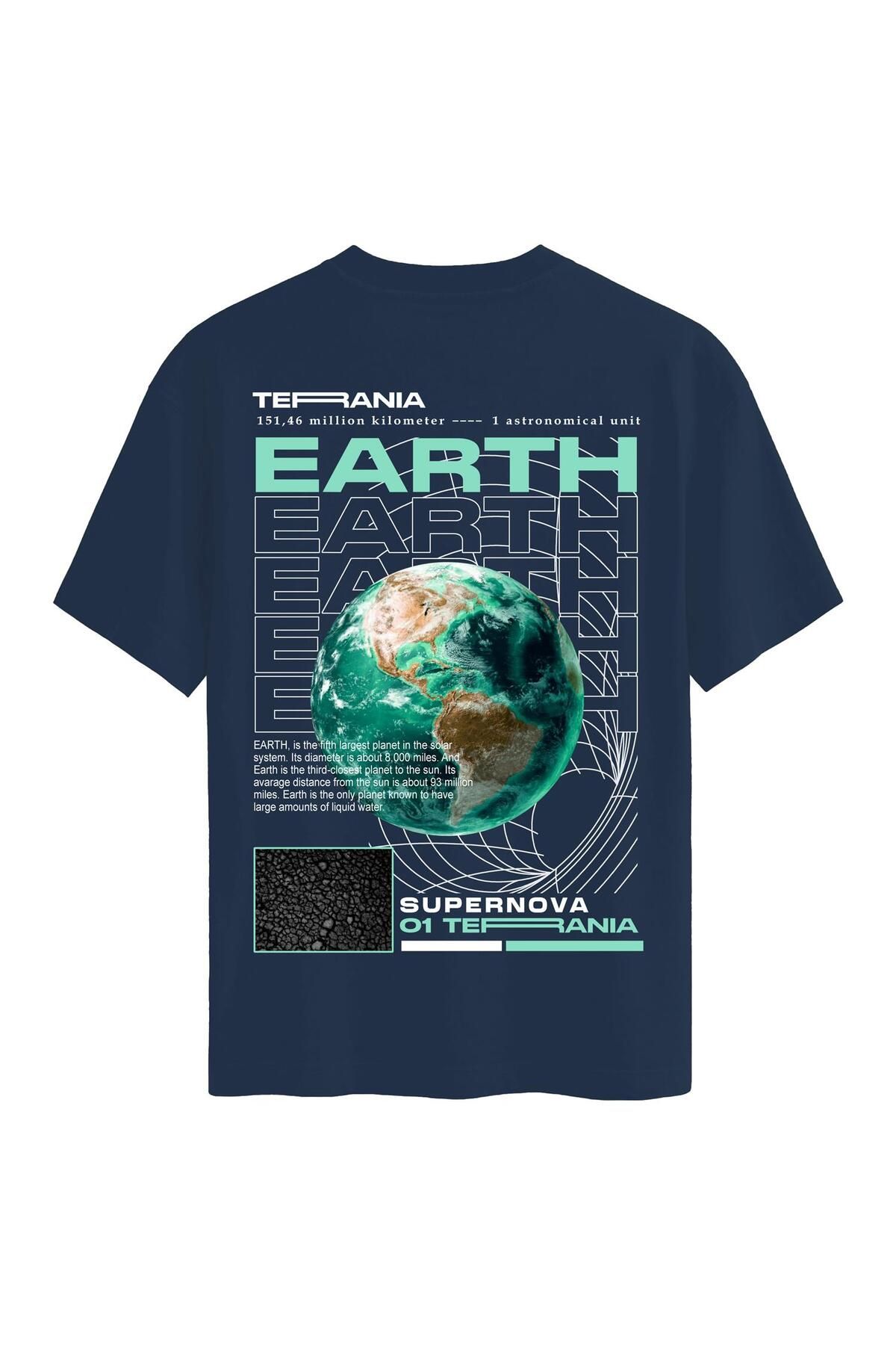 SOFTWAY Unisex Bisiklet Yaka %100 Organik Pamuklu Kalın Dokulu Earth Baskılı Oversize T-shirt - LACİVERT