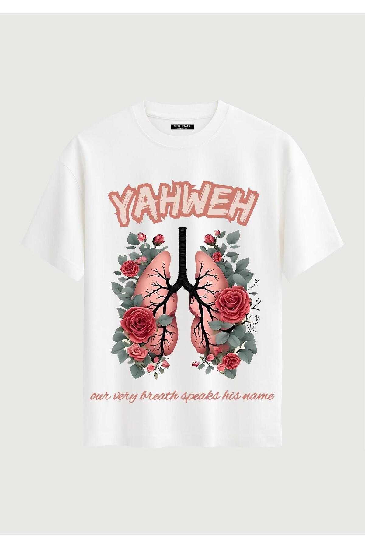 SOFTWAY Unisex Bisiklet Yaka %100 Organik Pamuklu Kalın Dokulu YAHWEH Baskılı Oversize T-shirt - BEYAZ