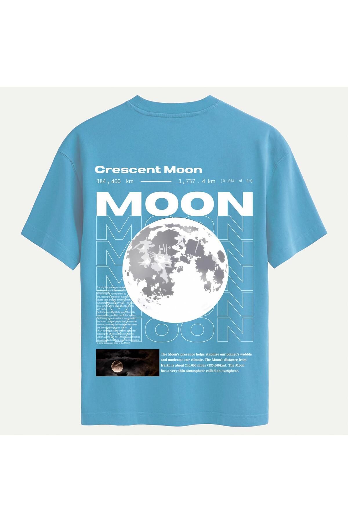 SOFTWAY Unisex Bisiklet Yaka %100 Organik Pamuklu Kalın Dokulu Moon Baskılı Oversize T-shirt - MAVİ