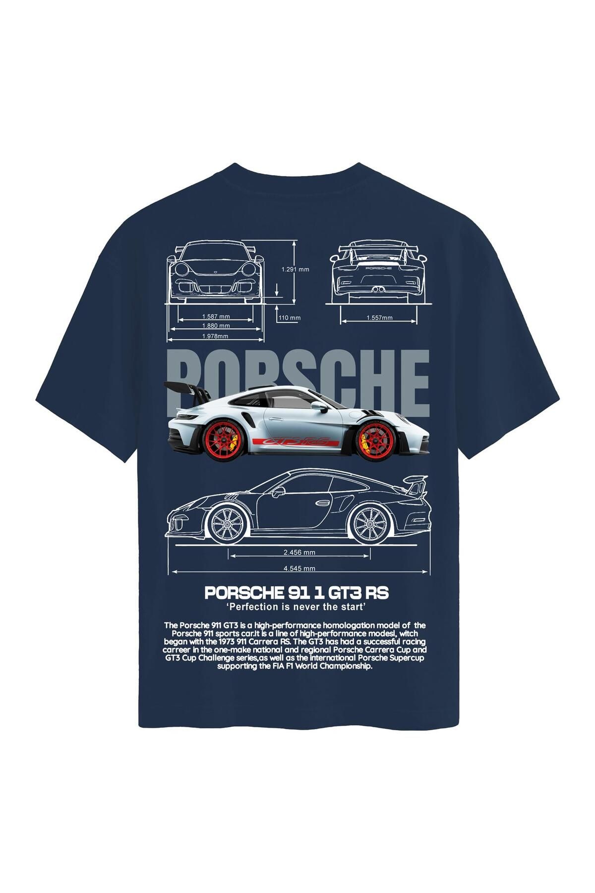 SOFTWAY Unisex Bisiklet Yaka %100 Organik Pamuklu Kalın Dokulu Porsche 911 gt3 rs Baskılı Oversize T-shirt -