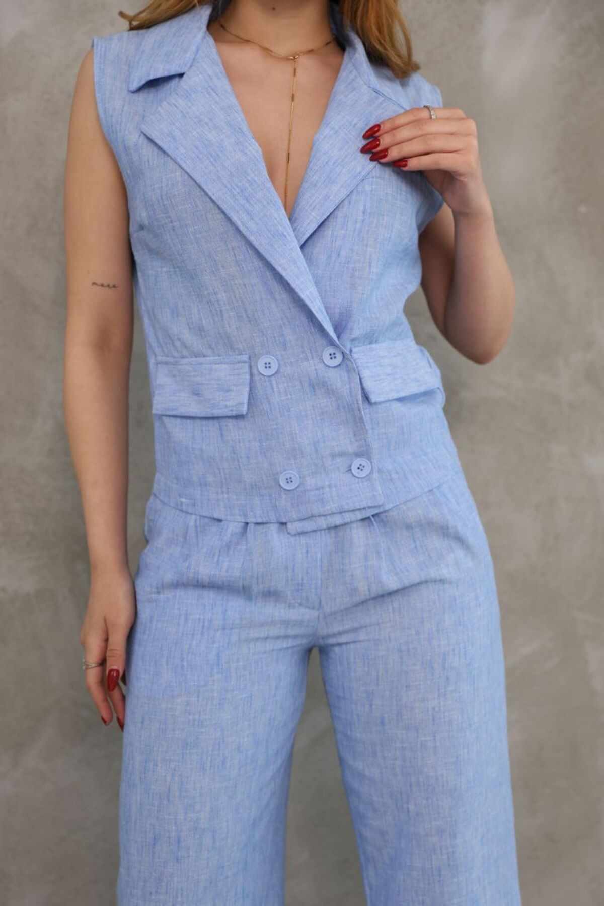 FIABAFASHİON fiabafashion keten karışım mng model yelek pantolon takım
