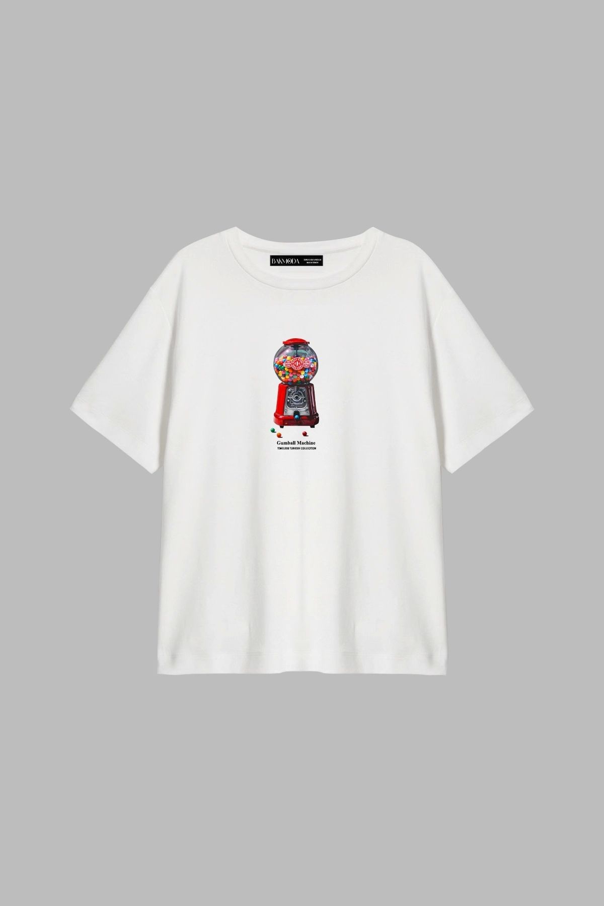 Bak Moda Gumball Machine Baskılı Relaxed Fit Beyaz Kadın Tshirt