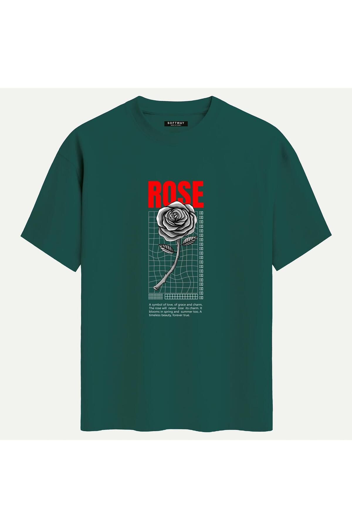 SOFTWAY Unisex Bisiklet Yaka %100 Organik Pamuklu Kalın Dokulu Rose Baskılı Oversize T-shirt - KOYU YEŞİL