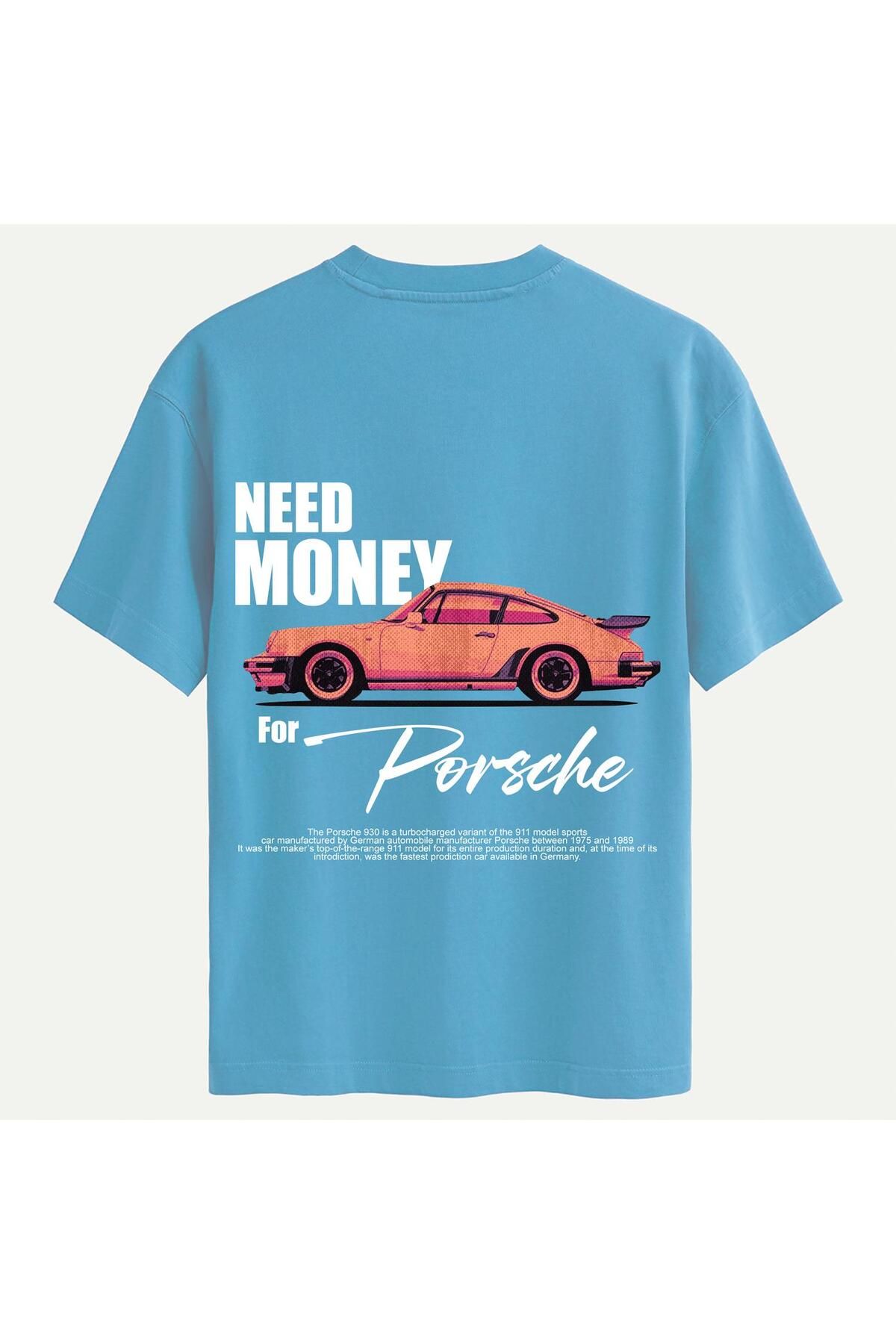 SOFTWAY Unisex Bisiklet Yaka %100 Organik Pamuklu Kalın Dokulu Need Money For Porsche Baskılı Oversize T-shi
