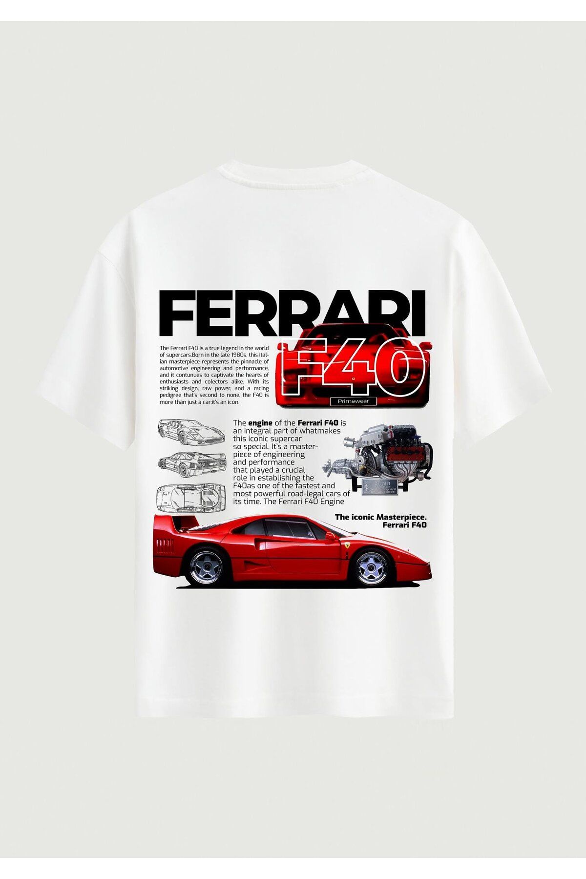 SOFTWAY Unisex Bisiklet Yaka %100 Organik Pamuklu Kalın Dokulu Ferrari F40 Baskılı Oversize T-shirt - BEYAZ