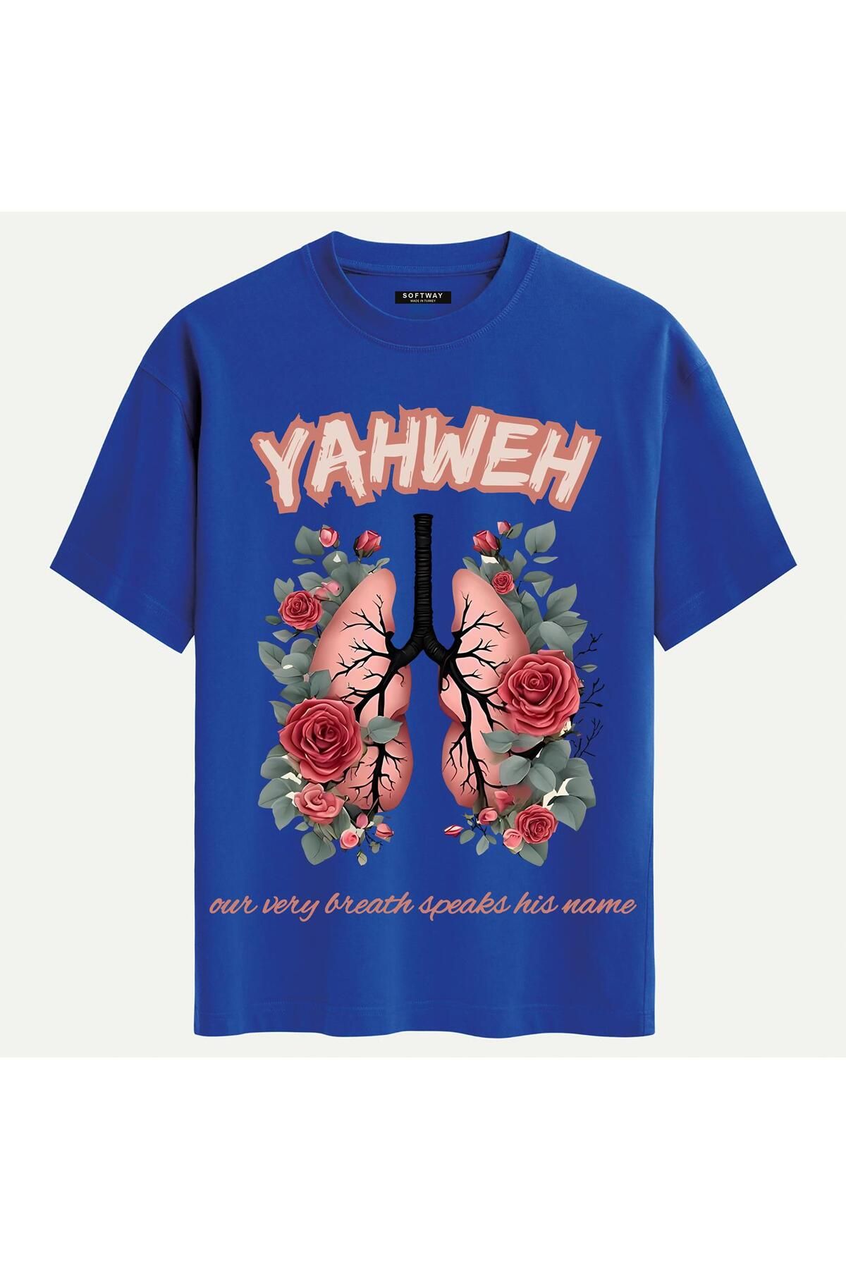 SOFTWAY Unisex Bisiklet Yaka %100 Organik Pamuklu Kalın Dokulu YAHWEH Baskılı Oversize T-shirt - SAKS MAVİSİ