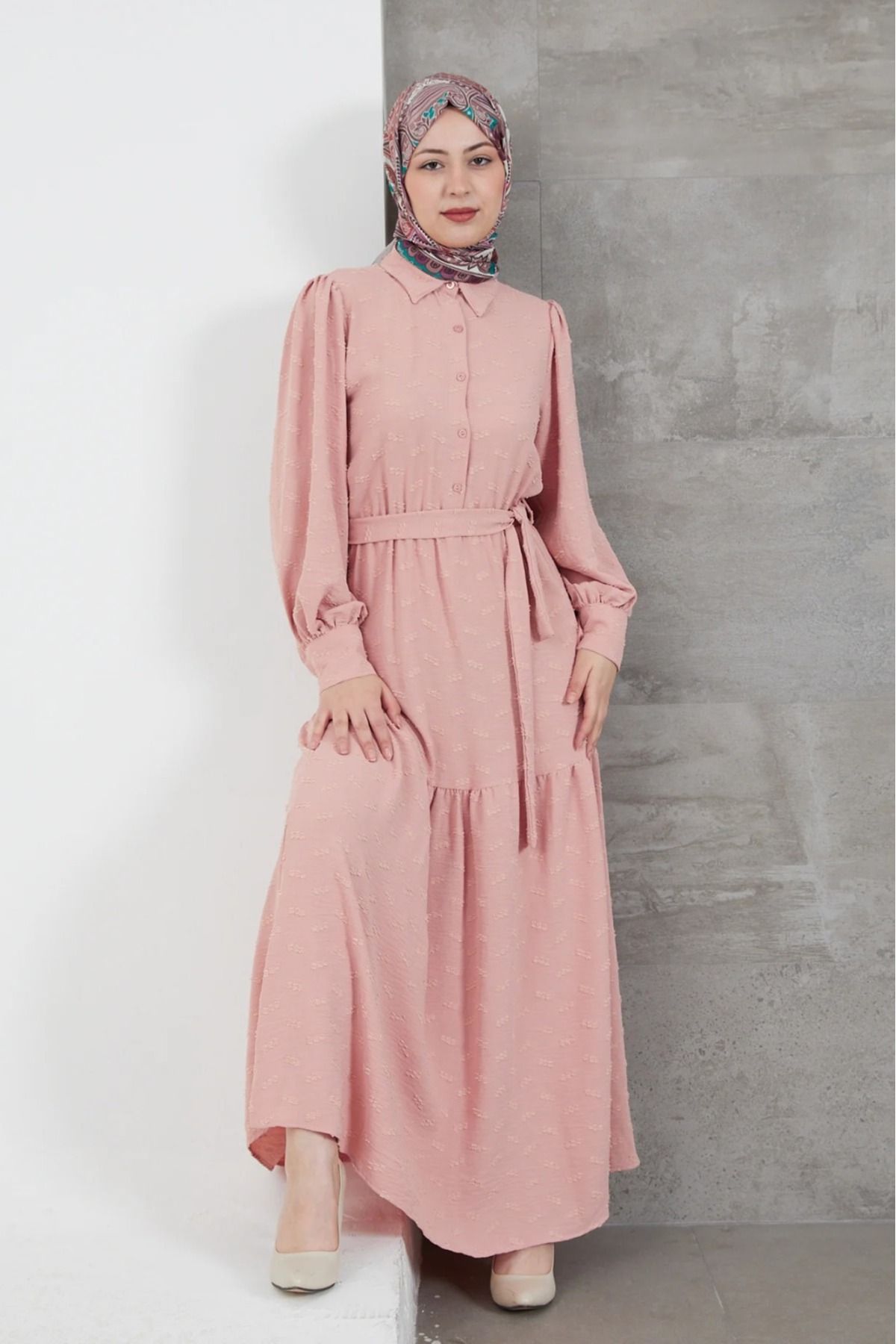 DAS KLEID PUDRA Gömlek Yaka Kuşaklı Elbise