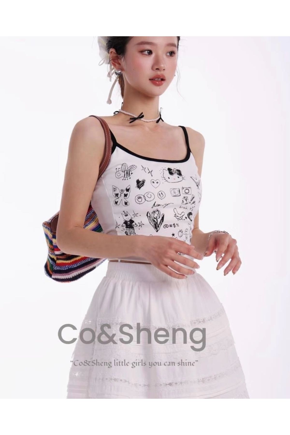 Violon Cute Hello Cat Askılı Siyah Crop