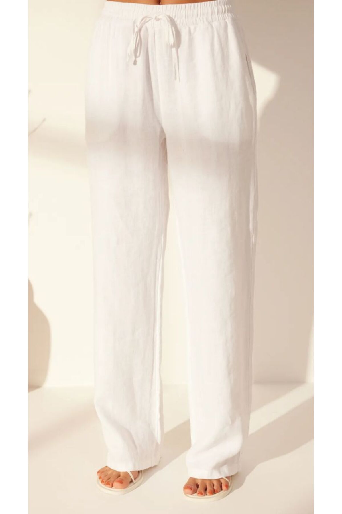 KARACAN COMPANY Beyaz %100 Keten Beli Lastikli Yüksek Bel Wide Leg Pantolon