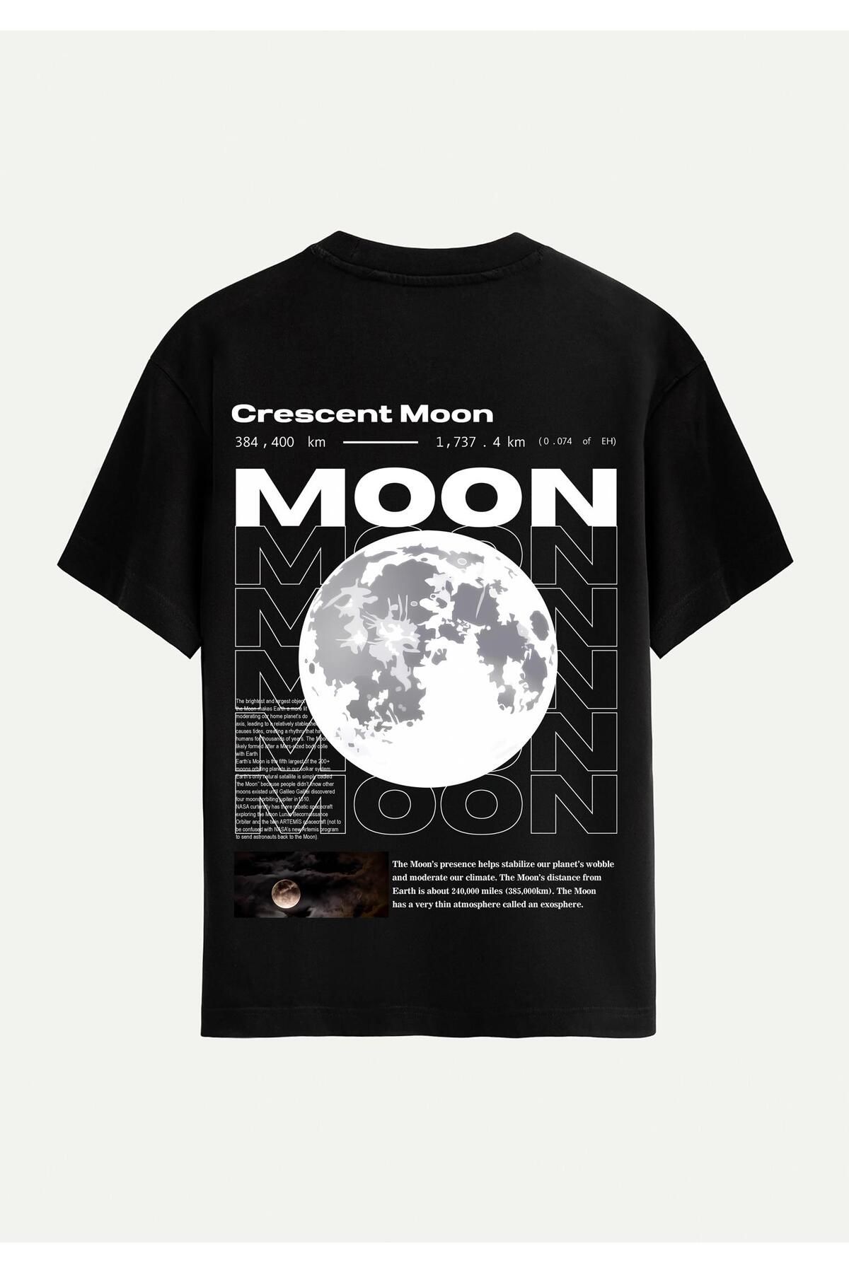 SOFTWAY Unisex Bisiklet Yaka %100 Organik Pamuklu Kalın Dokulu Moon Baskılı Oversize T-shirt - SİYAH