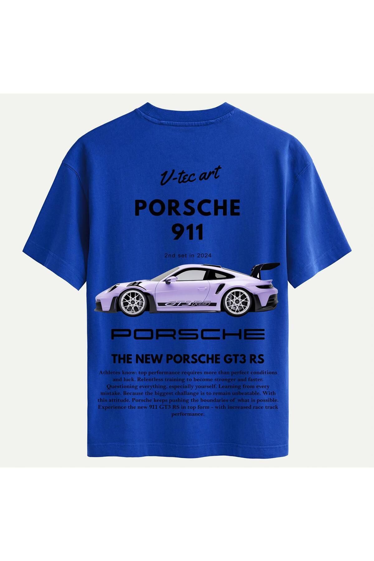 SOFTWAY Unisex Bisiklet Yaka %100 Organik Pamuklu Kalın Dokulu Porsche 911 Baskılı Oversize T-shirt - SAKS M
