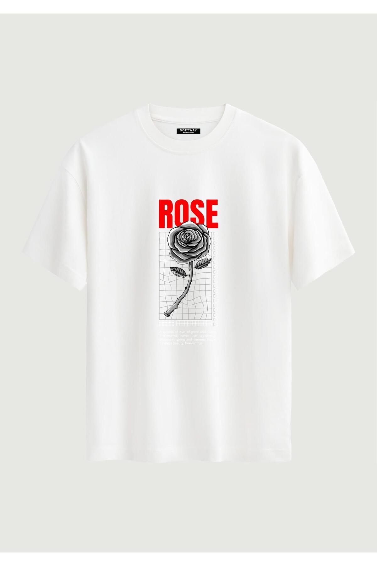 SOFTWAY Unisex Bisiklet Yaka %100 Organik Pamuklu Kalın Dokulu Rose Baskılı Oversize T-shirt - BEYAZ