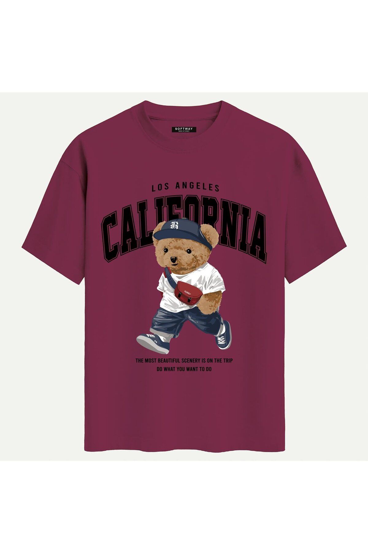 SOFTWAY Unisex Bisiklet Yaka %100 Organik Pamuklu Kalın Dokulu California Baskılı Oversize T-shirt - BORDO