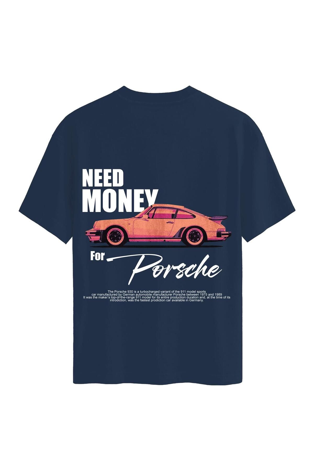 SOFTWAY Unisex Bisiklet Yaka %100 Organik Pamuklu Kalın Dokulu Need Money For Porsche Baskılı Oversize T-shi