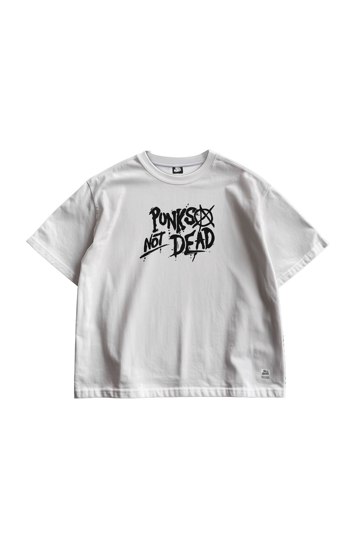TresMonos Punk's Not Dead Baskılı Oversize Kısa Kesim Pamuklu Unisex Beyaz Tişört