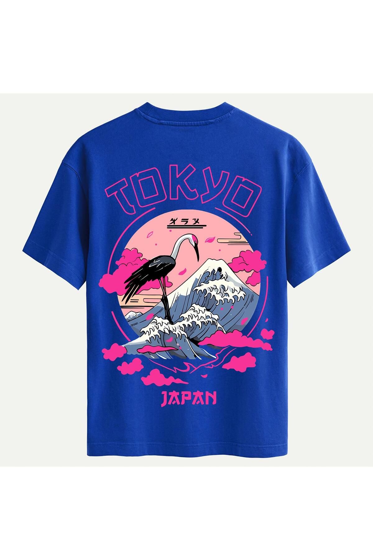 SOFTWAY Unisex Bisiklet Yaka %100 Organik Pamuklu Kalın Dokulu Tokyo Baskılı Oversize T-shirt - SAKS MAVİSİ