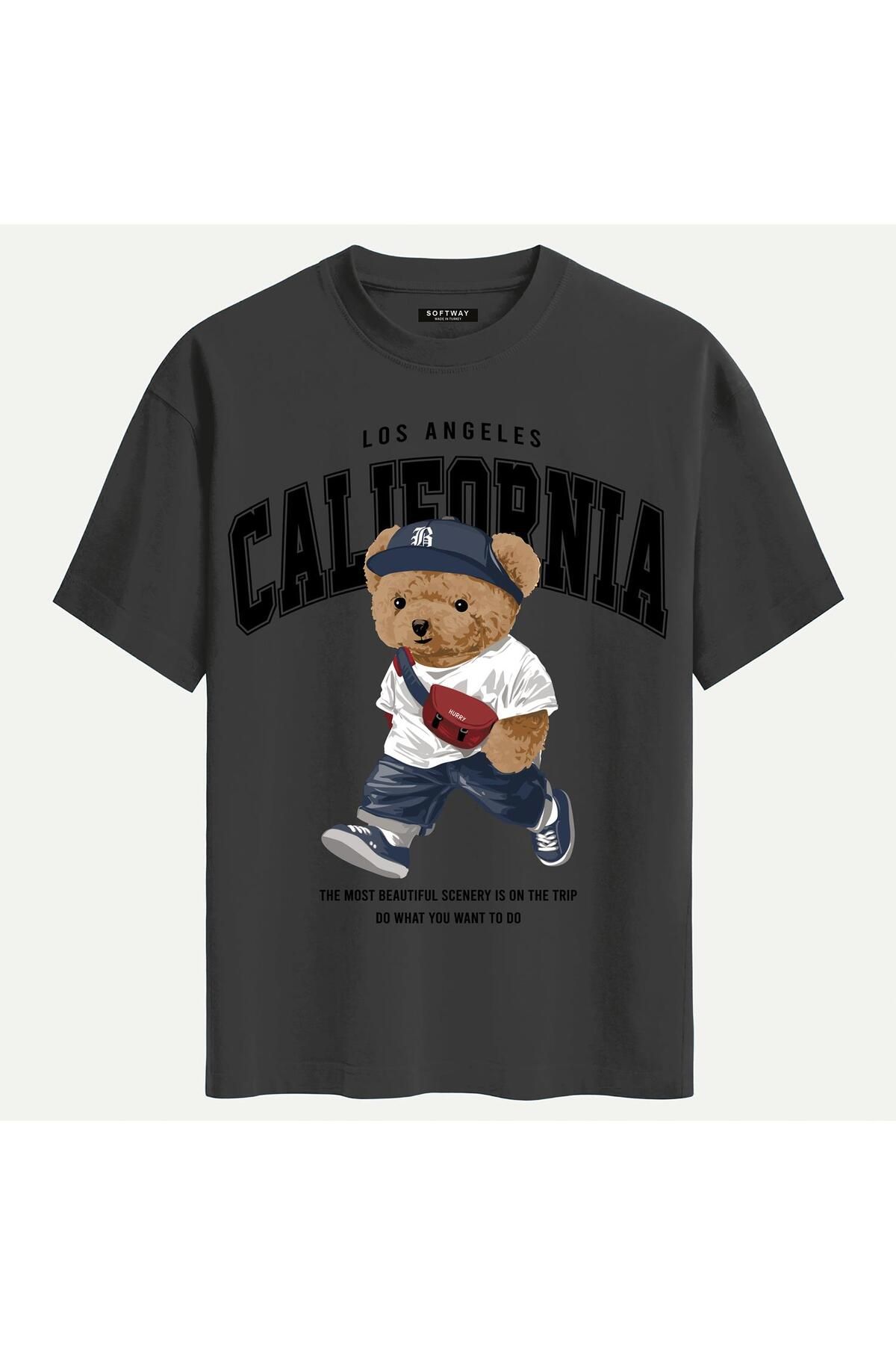 SOFTWAY Unisex Bisiklet Yaka %100 Organik Pamuklu Kalın Dokulu California Baskılı Oversize T-shirt - FÜME