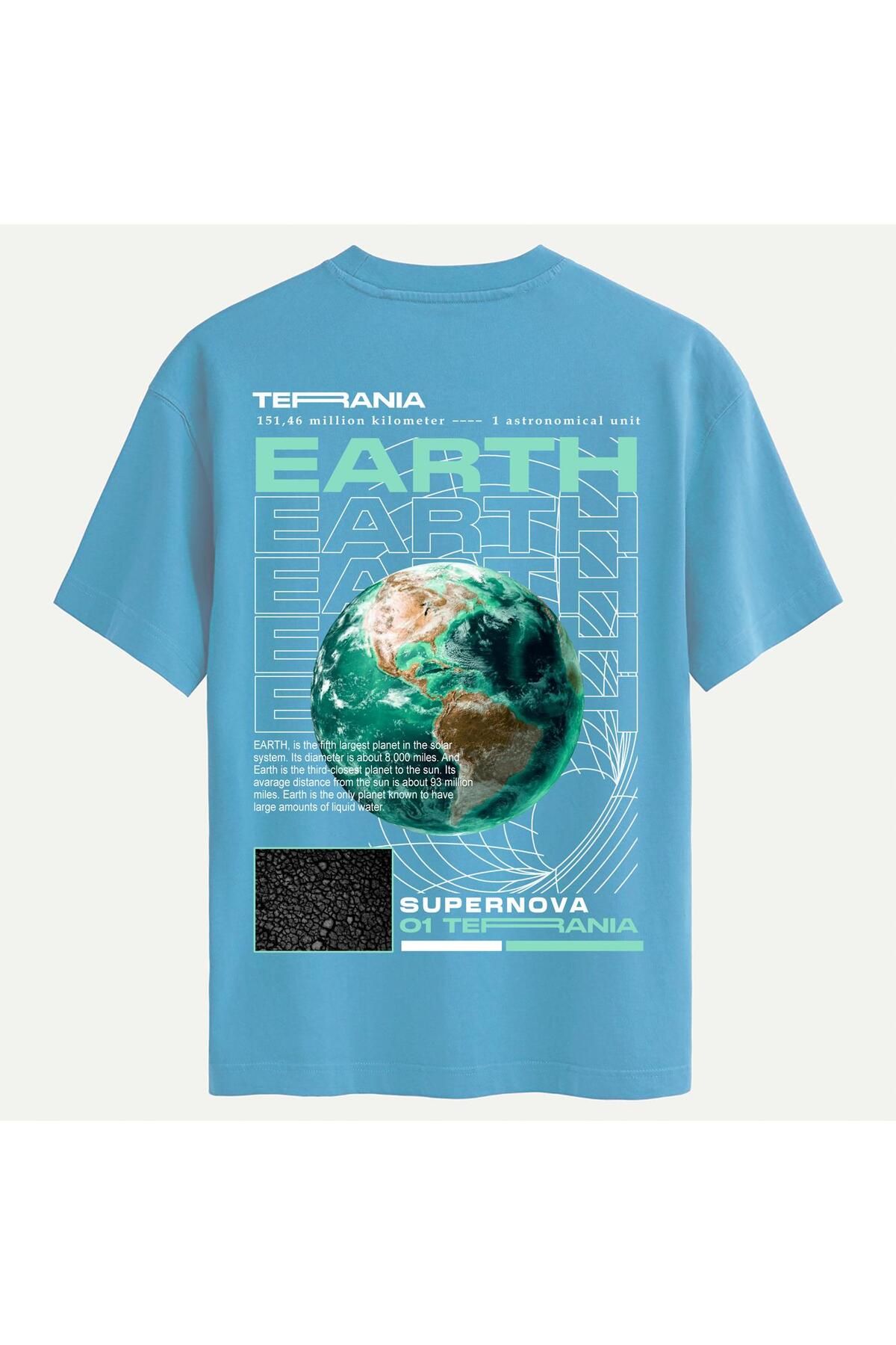SOFTWAY Unisex Bisiklet Yaka %100 Organik Pamuklu Kalın Dokulu Earth Baskılı Oversize T-shirt - MAVİ