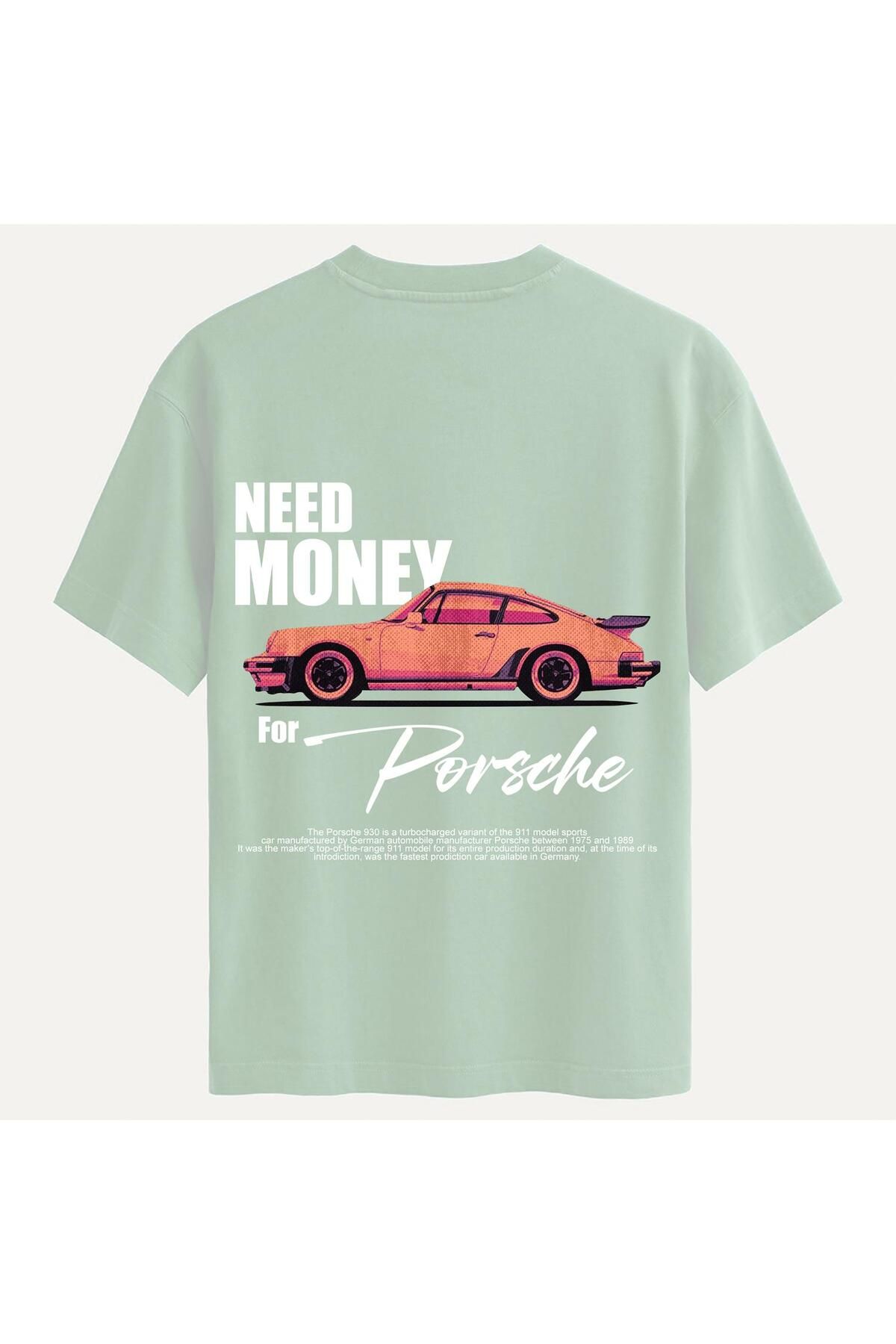 SOFTWAY Unisex Bisiklet Yaka %100 Organik Pamuklu Kalın Dokulu Need Money For Porsche Baskılı Oversize T-shi