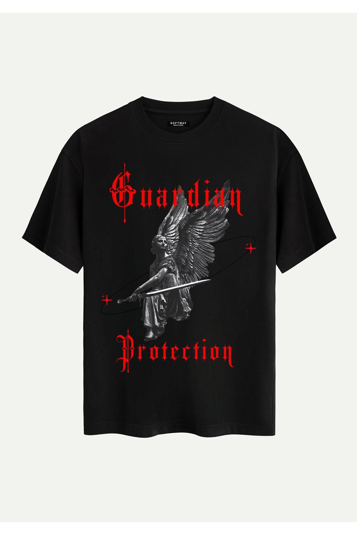 SOFTWAY Unisex Bisiklet Yaka %100 Organik Pamuklu Kalın Dokulu Guardian Protection Baskılı Oversize T-shirt