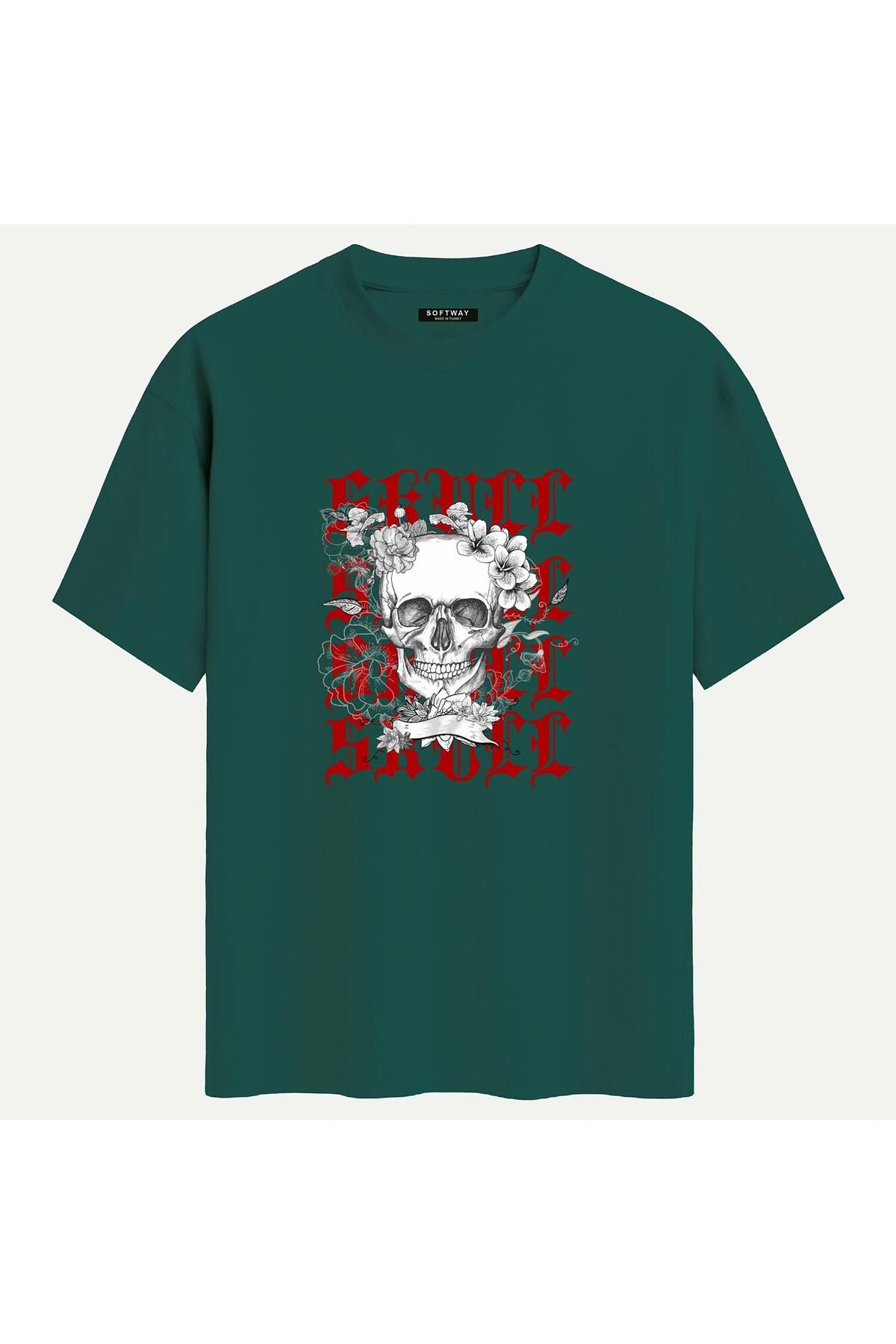 SOFTWAY Unisex Bisiklet Yaka %100 Organik Pamuklu Kalın Dokulu Skull Baskılı Oversize T-shirt - KOYU YEŞİL