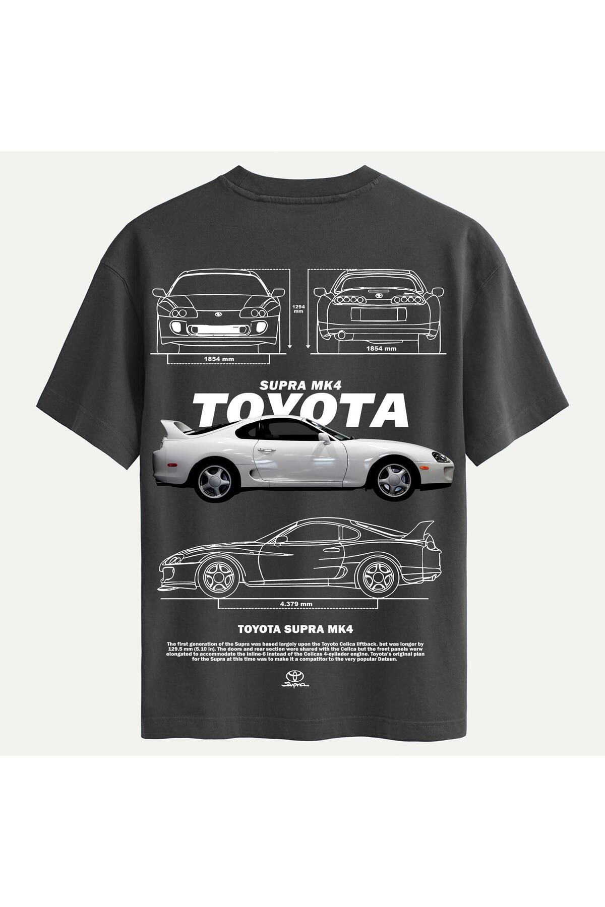 SOFTWAY Unisex Bisiklet Yaka %100 Organik Pamuklu Kalın Dokulu Toyota Supra mk4 Baskılı Oversize T-shirt - F