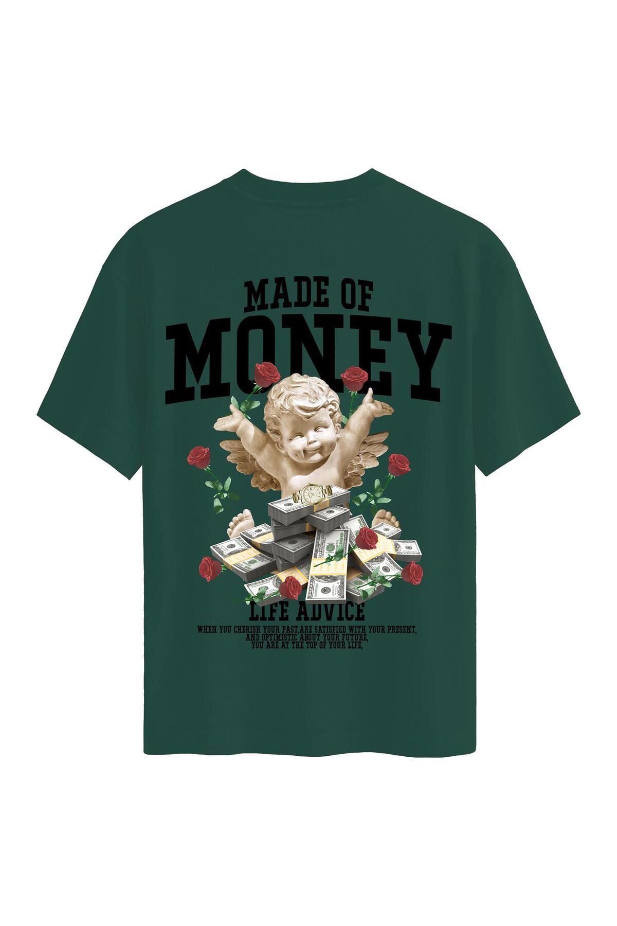 SOFTWAY Unisex Bisiklet Yaka %100 Organik Pamuklu Kalın Dokulu Made Of Money Baskılı Oversize T-shirt - KOYU