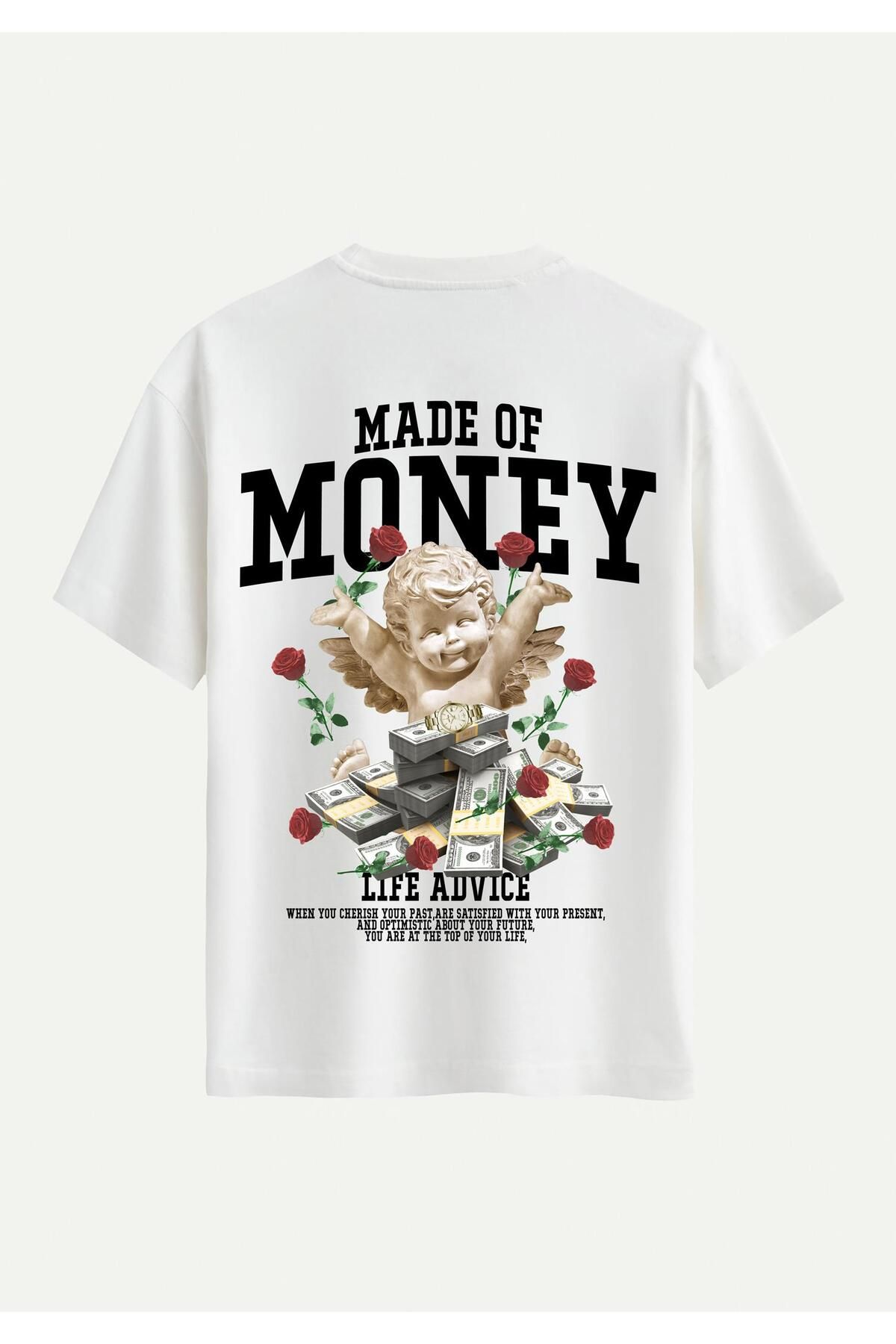 SOFTWAY Unisex Bisiklet Yaka %100 Organik Pamuklu Kalın Dokulu Made Of Money Baskılı Oversize T-shirt - EKRU