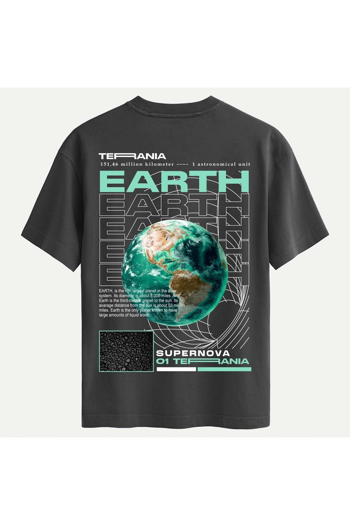SOFTWAY Unisex Bisiklet Yaka %100 Organik Pamuklu Kalın Dokulu Earth Baskılı Oversize T-shirt - FÜME