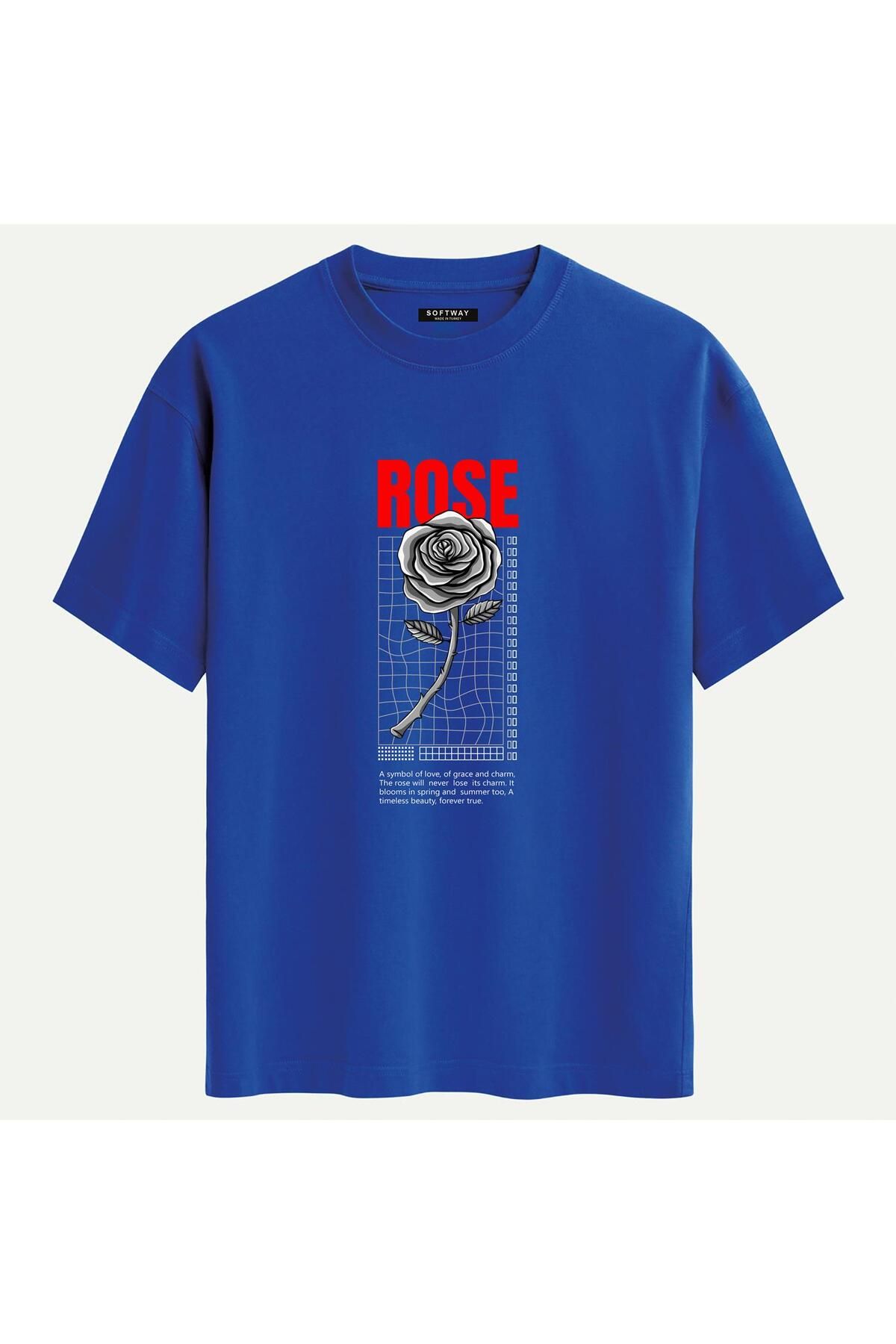 SOFTWAY Unisex Bisiklet Yaka %100 Organik Pamuklu Kalın Dokulu Rose Baskılı Oversize T-shirt - SAKS MAVİSİ