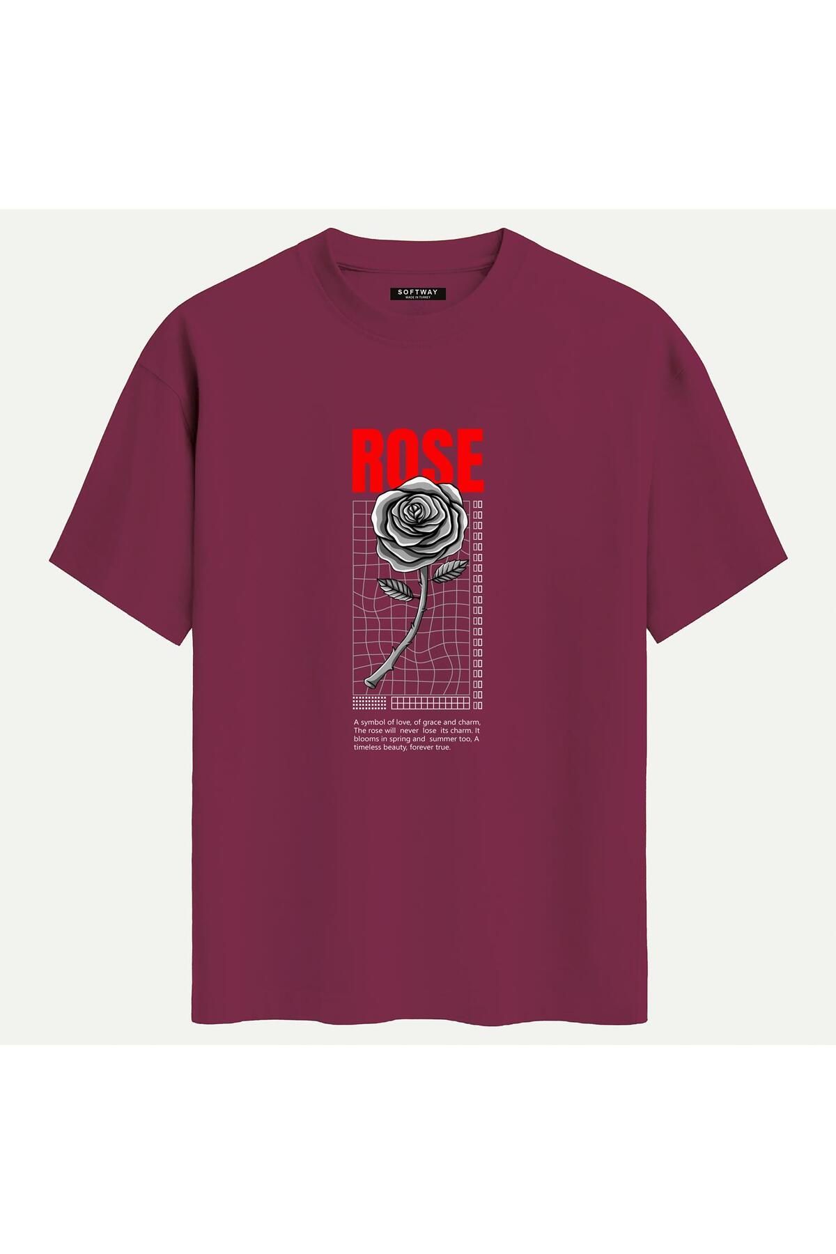 SOFTWAY Unisex Bisiklet Yaka %100 Organik Pamuklu Kalın Dokulu Rose Baskılı Oversize T-shirt - BORDO