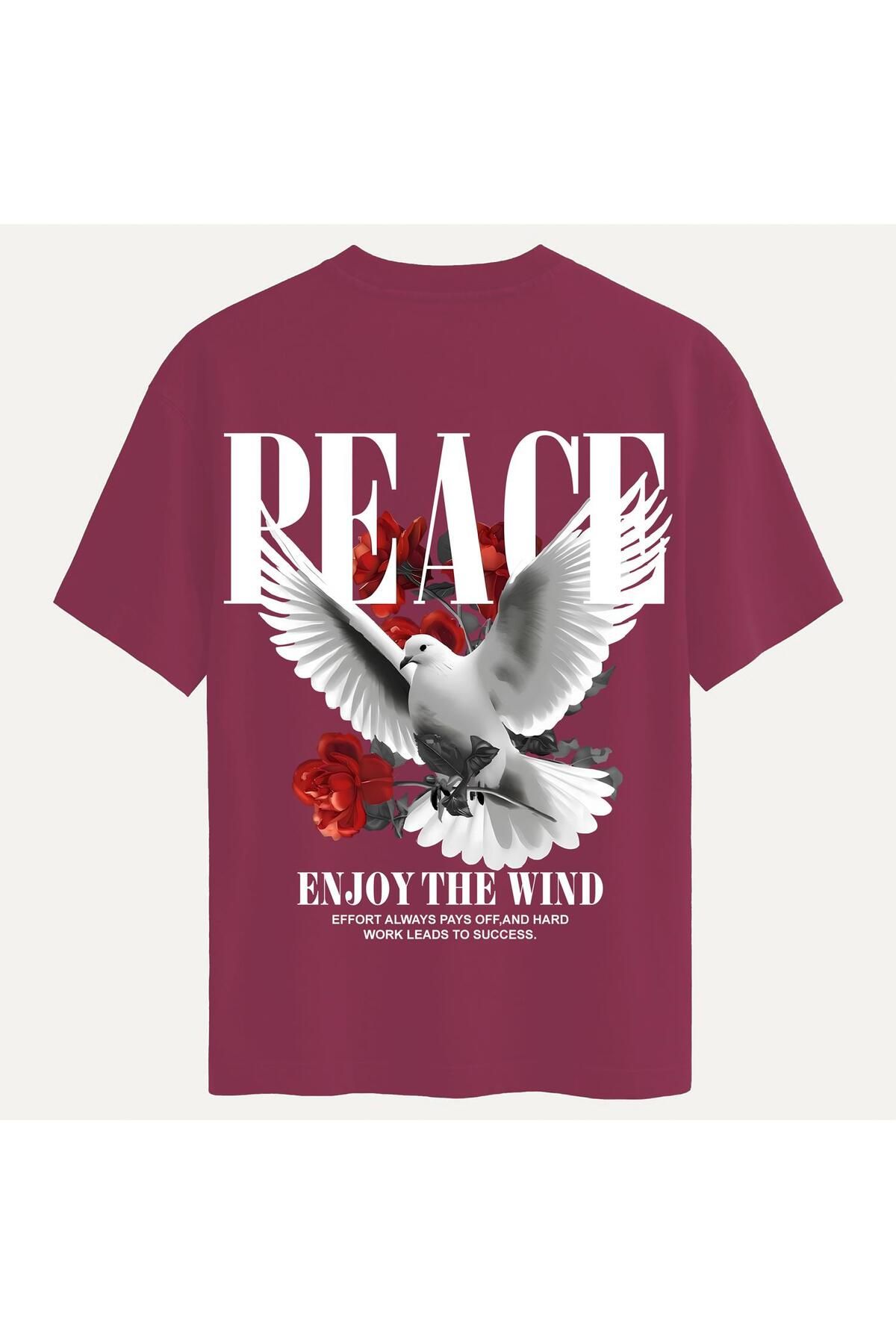 SOFTWAY Unisex Bisiklet Yaka %100 Organik Pamuklu Kalın Dokulu Peace Baskılı Oversize T-shirt - BORDO