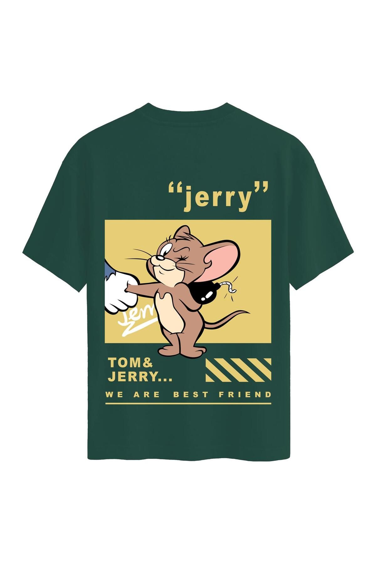 SOFTWAY Unisex Bisiklet Yaka %100 Organik Pamuklu Kalın Dokulu Jerry Baskılı Oversize T-shirt - KOYU YEŞİL