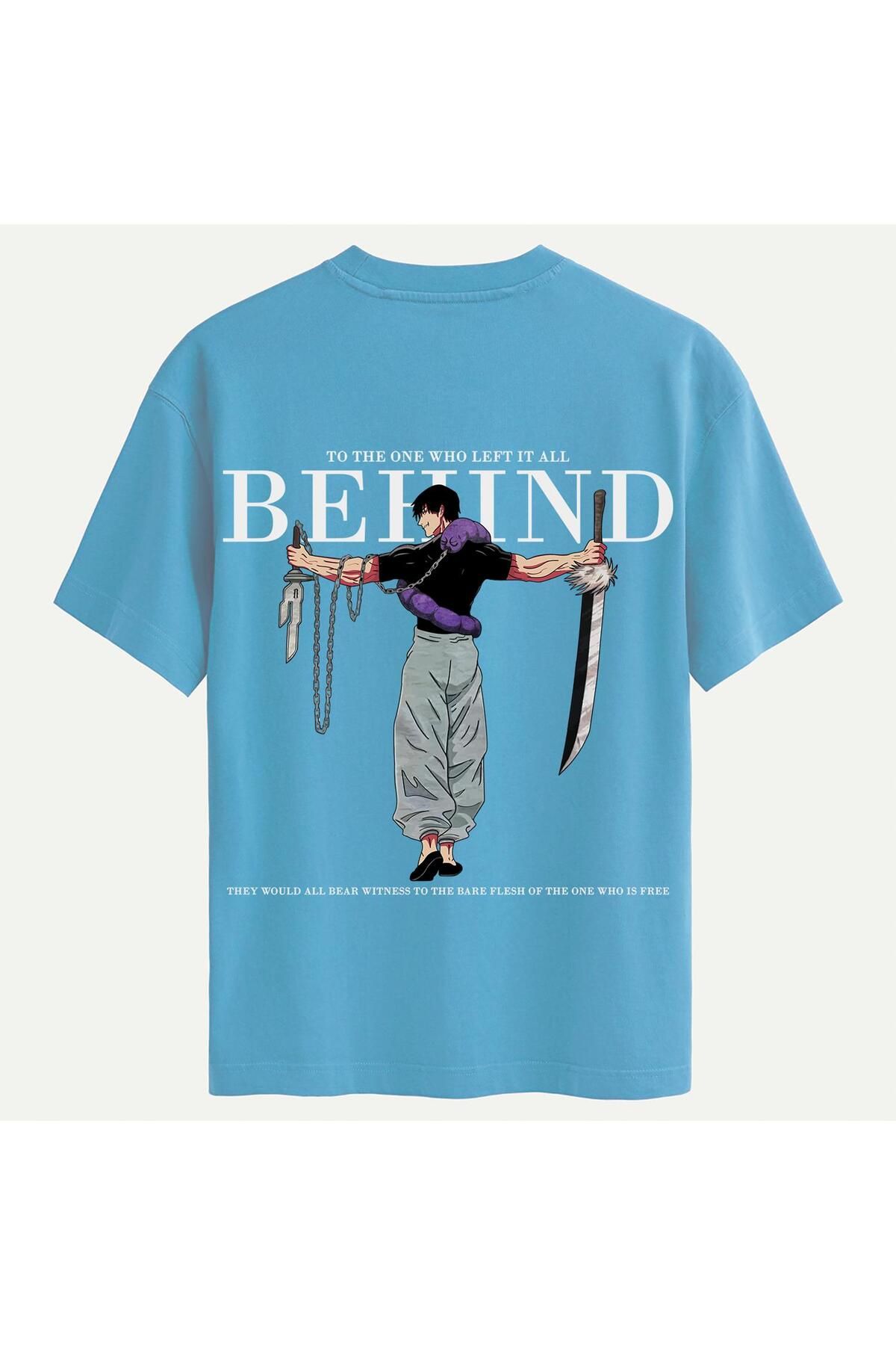 SOFTWAY Unisex Bisiklet Yaka %100 Organik Pamuklu Kalın Dokulu Behind Baskılı Oversize T-shirt - MAVİ