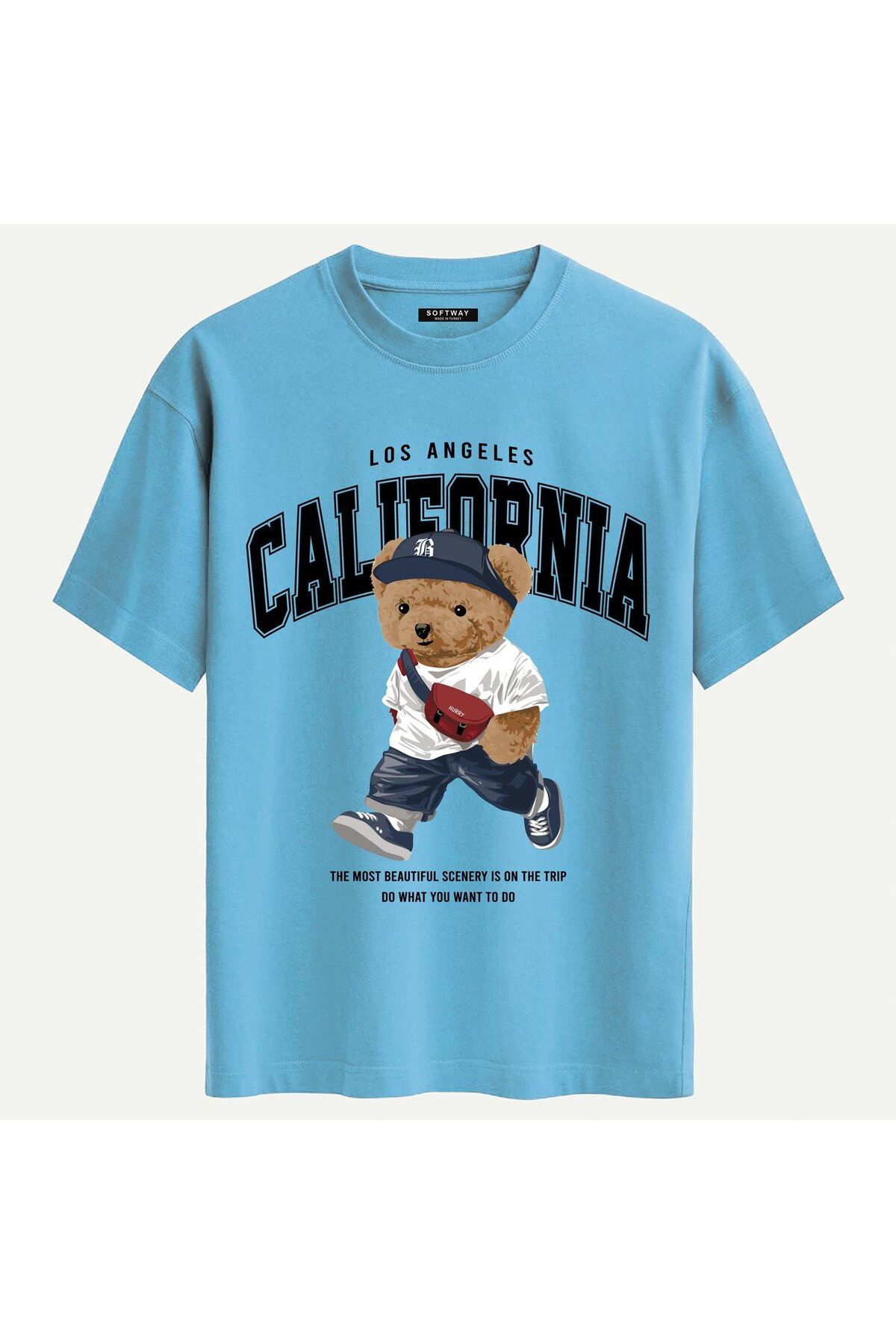 SOFTWAY Unisex Bisiklet Yaka %100 Organik Pamuklu Kalın Dokulu California Baskılı Oversize T-shirt - MAVİ