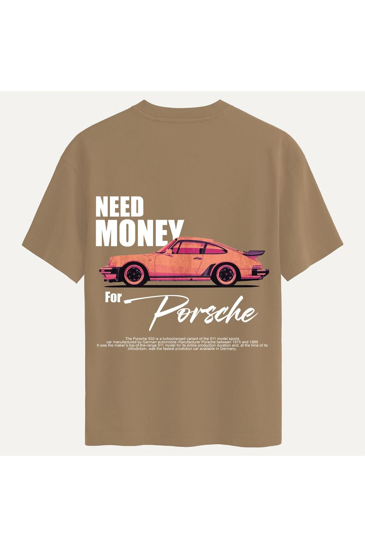 SOFTWAY Unisex Bisiklet Yaka %100 Organik Pamuklu Kalın Dokulu Need Money For Porsche Baskılı Oversize T-shi