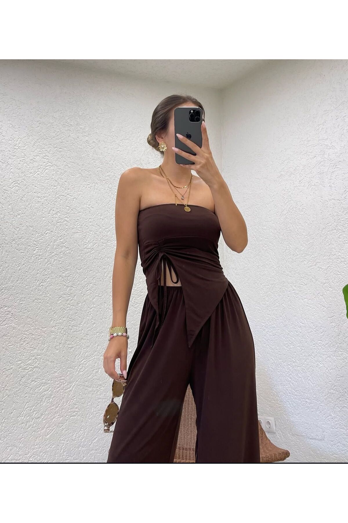 ALİSA-SHOPS Kadın kağve Renk Straplez Büzgülü Bluz Salaş Rahat Pantolon İkili Takım