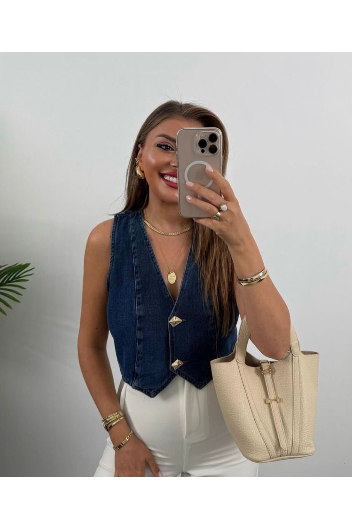 lüx vestimenta Denim Tasarım Gold Düğmeli Yelek Kot