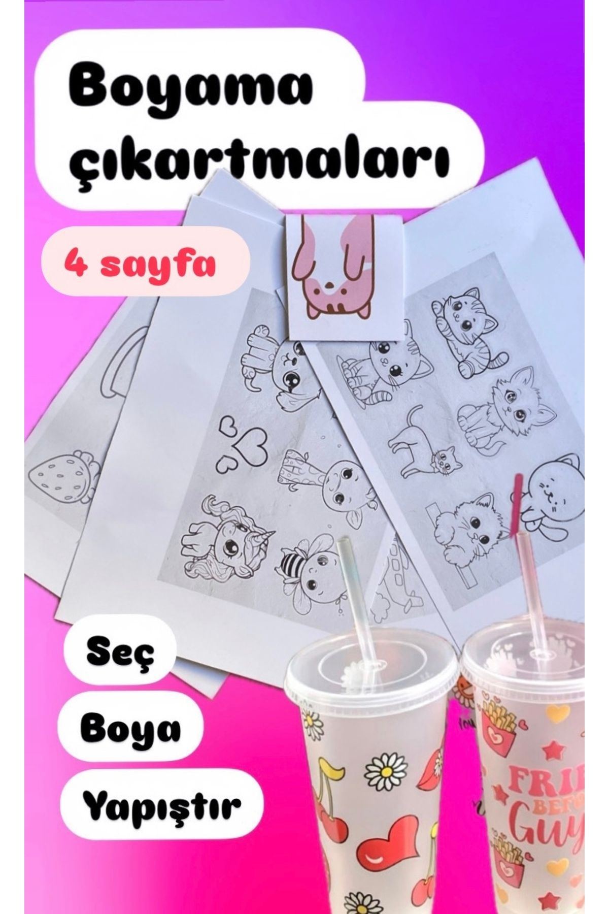 Magic Cat Bayama stiker seti 4 sayfa 10’ 15 Sm çikartmalar boyama suya dayanıklı