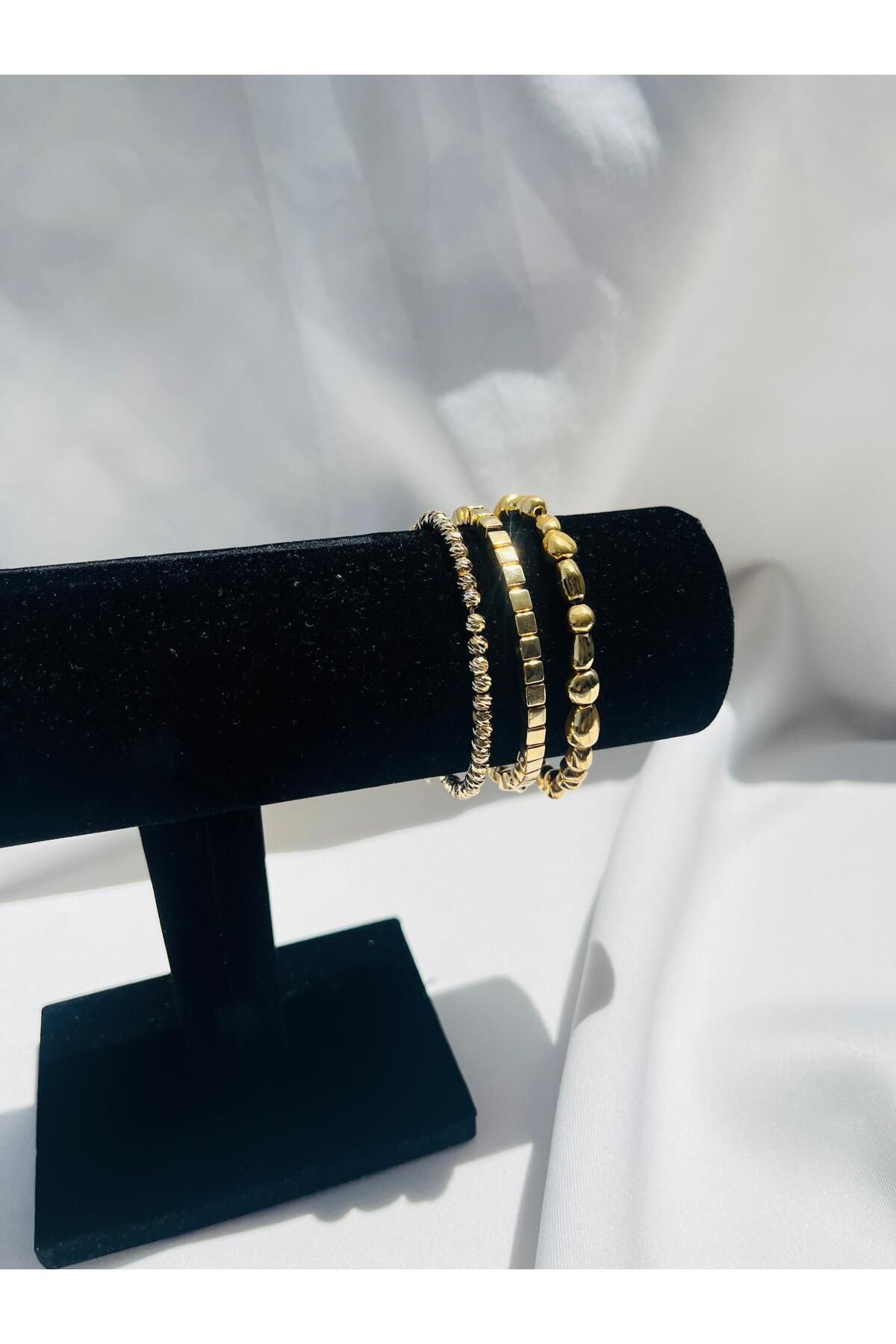 ESDE 3 lü Gold Dorika -Pebble-Square Bileklik Kombini Şık Tasarım