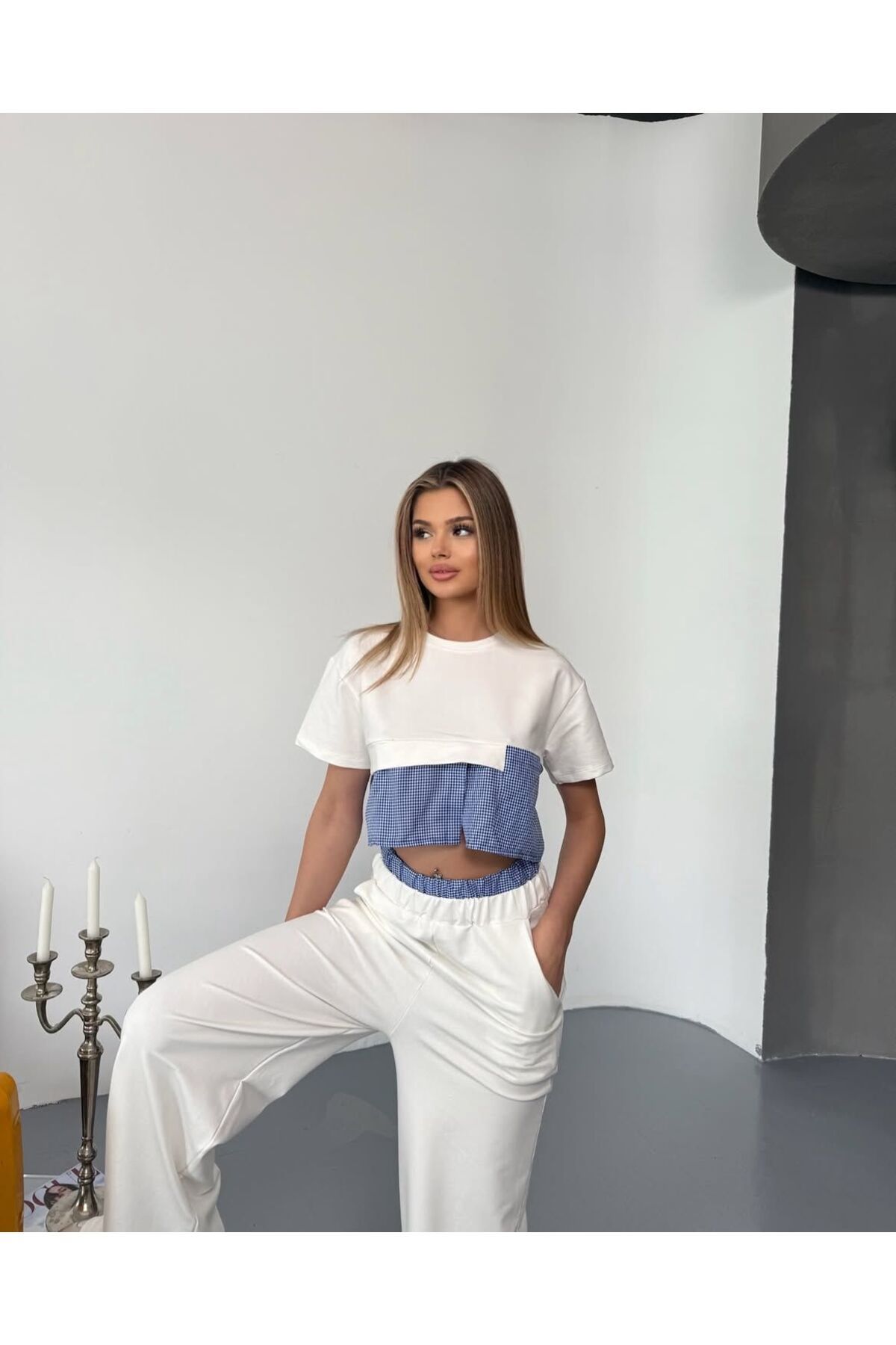 FORSTİME Gömlek Detaylı Crop Bluz ve Bol paça pantolonlu Takım