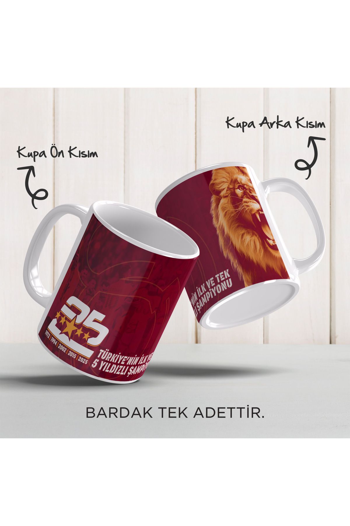 YELKOVAN TASARIM 5 Yıldızlı Şampiyonluk Temalı Taraftar Kupa – Aslan Figürlü Tasarım, Porselen Kupa Bardak