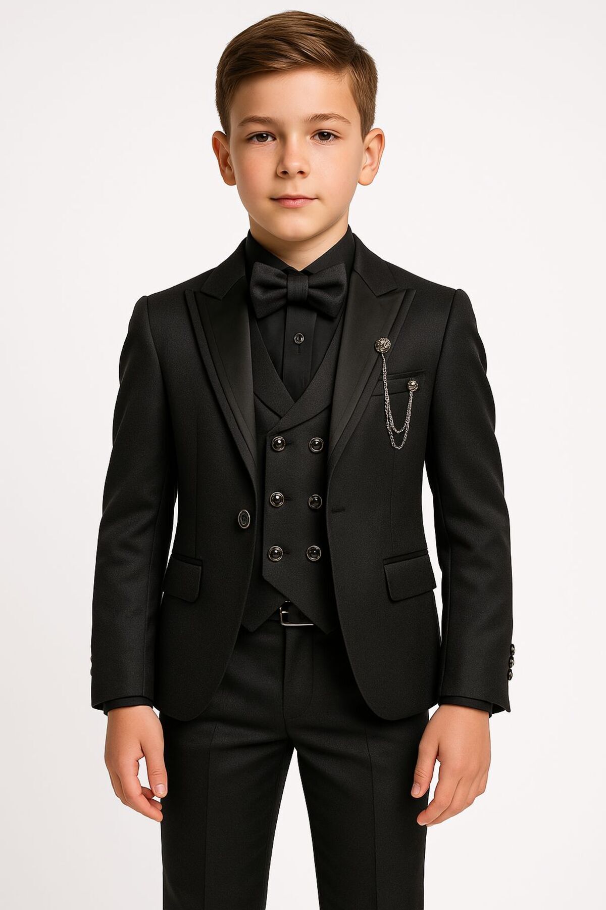  کت و شلوار دامادی پسرانه - یقه شالی، زنجیر، پاپیون - ۶ تکه (۱ تا ۱۴ سال)